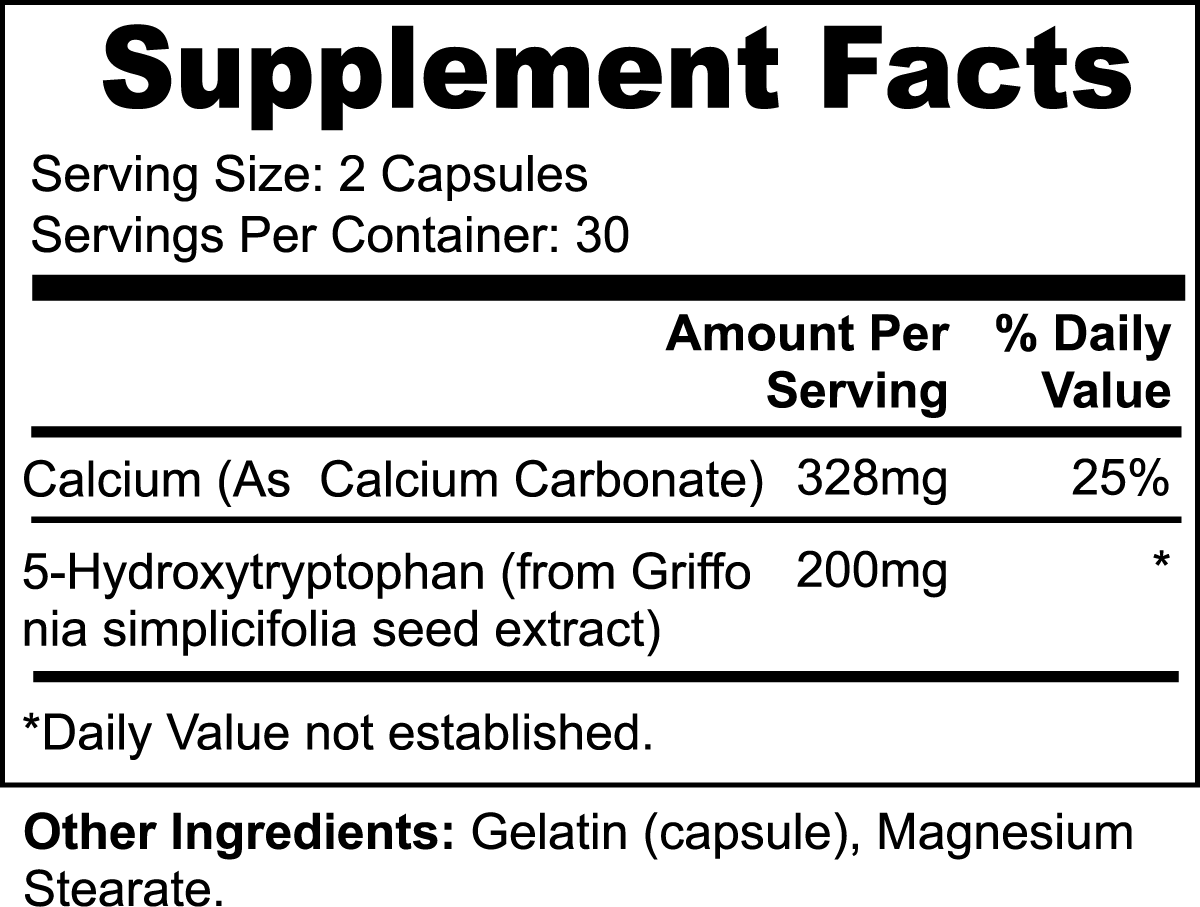 Supplement facts label showing serving size, calcium, 5-Hydroxytryptophan, and other ingredients gelatin and magnesium stearate.