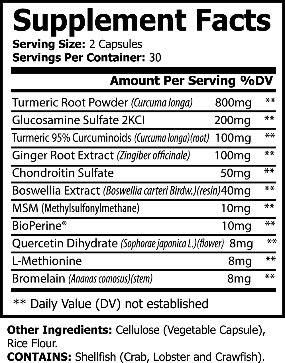 Supplement facts label detailing the ingredients and daily values for a dietary supplement, including turmeric, glucosamine, and ginger root extract.