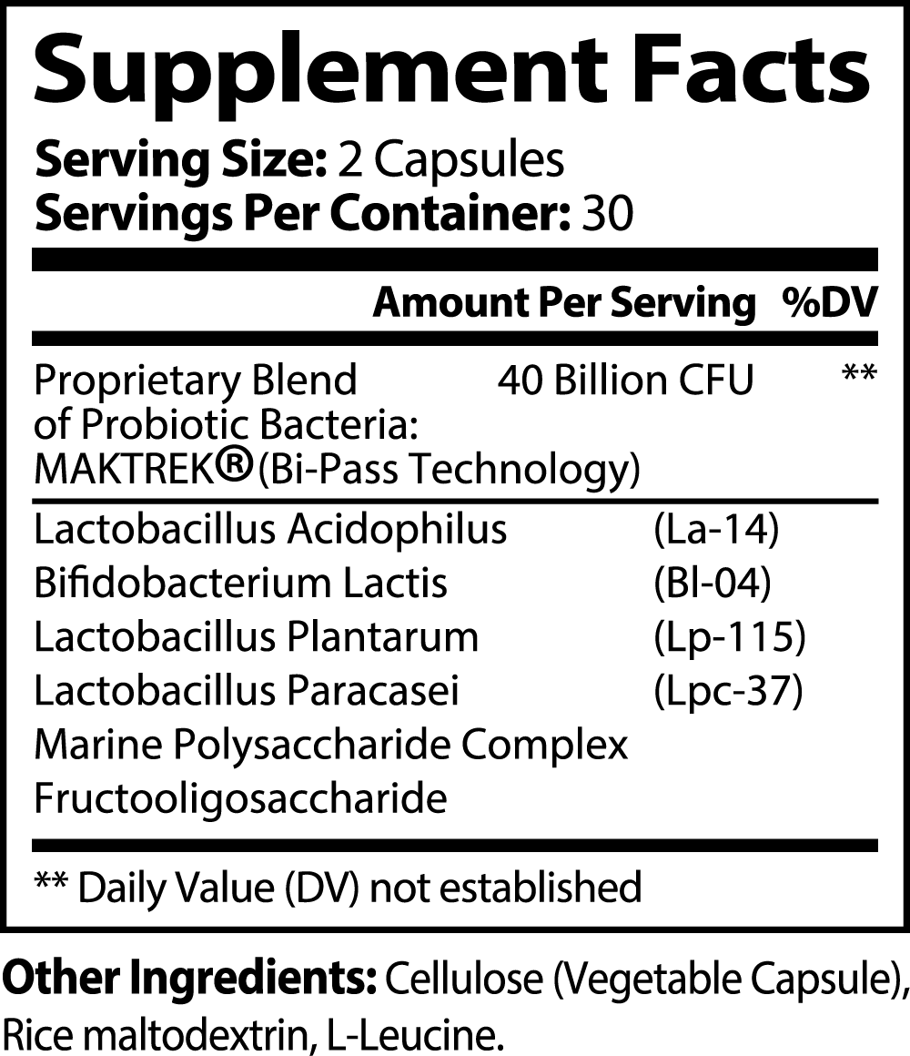 Supplement Facts panel showing a proprietary blend of probiotic bacteria including Lactobacillus and Bifidobacterium with additional ingredients.