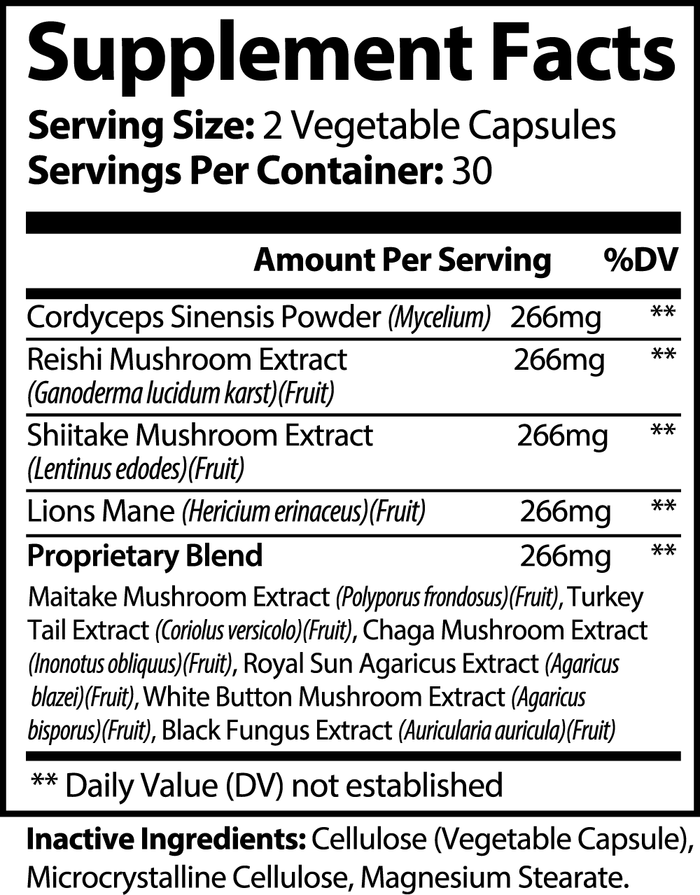 Supplement facts label showing ingredients like Cordyceps, Reishi, Shiitake, Lions Mane, and a proprietary blend of various mushroom extracts.