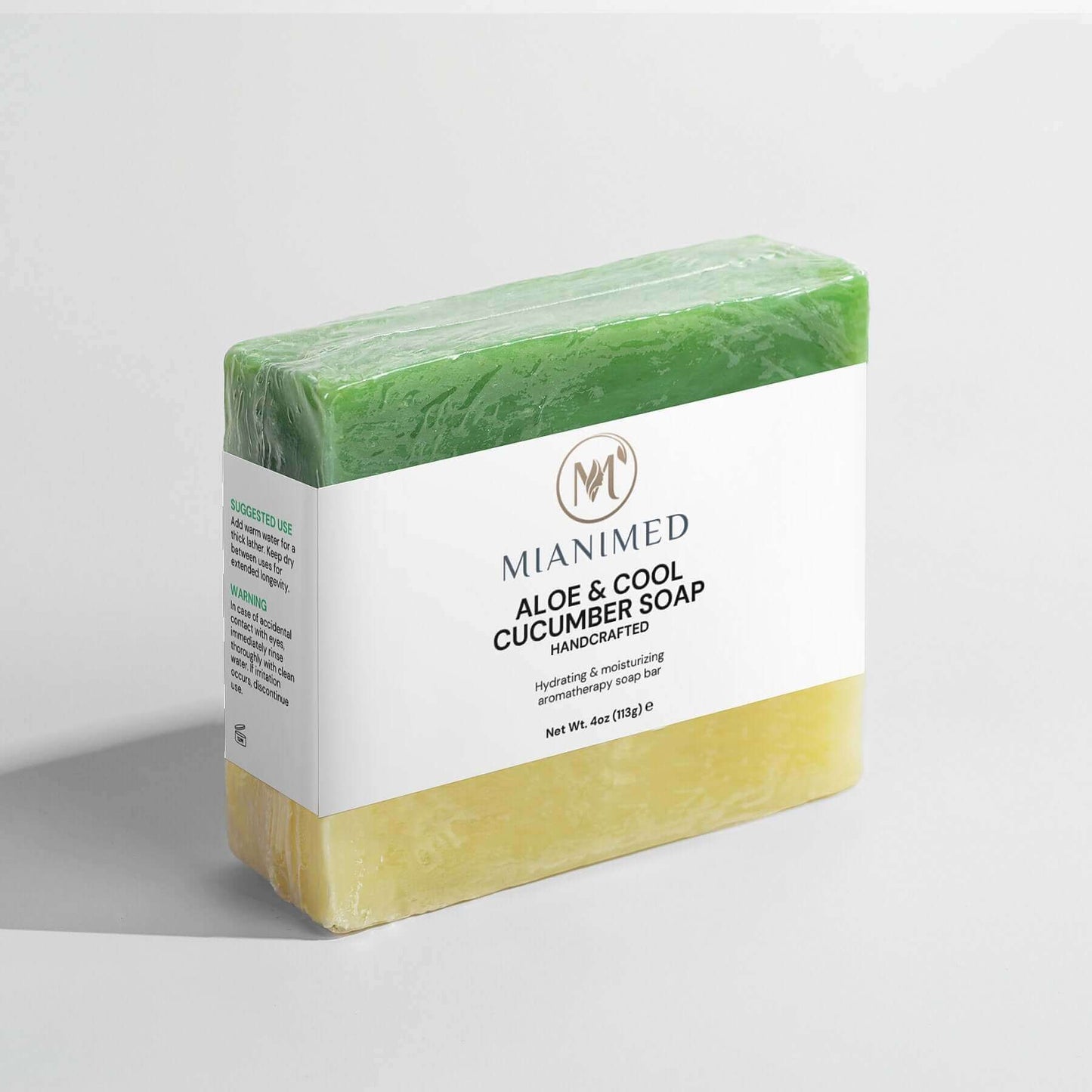 MIANIMED Premium Aloe & Cool Cucumber Soap for skincare, handcrafted and hydrating, in green and yellow packaging.