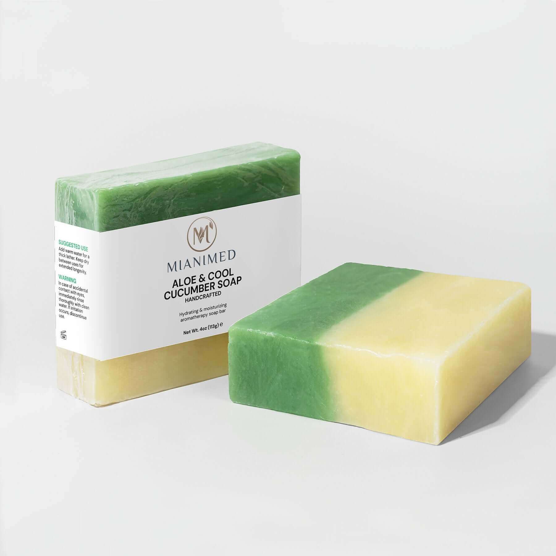 MIANIMED premium skincare Aloe & Cool Cucumber soap bars with green and yellow layers.