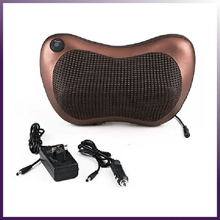 Premium MIANIMED skincare massage pillow with power adapter and car charger accessories.