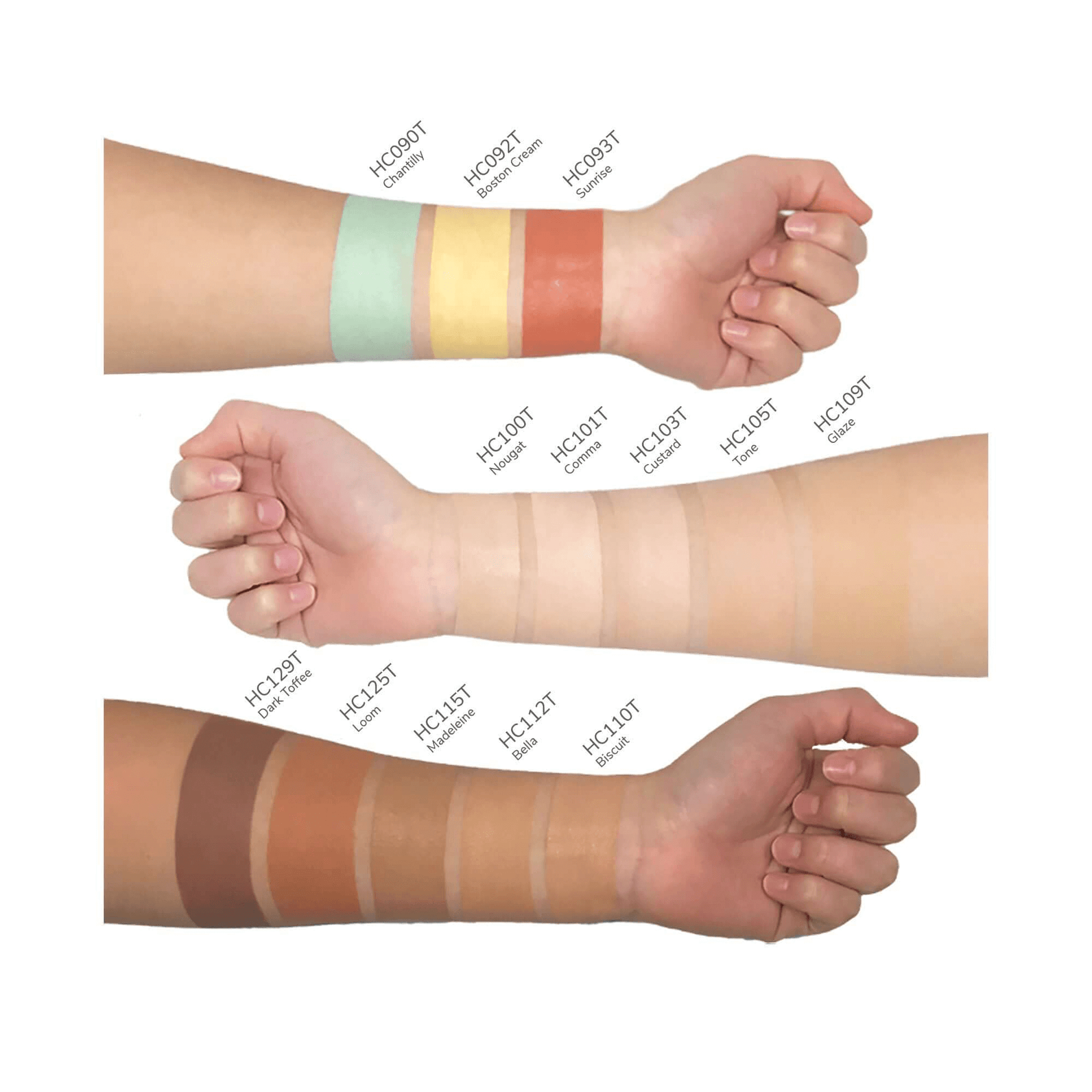 Different skin tones showcasing MIANIMED premium skincare products on three arms.