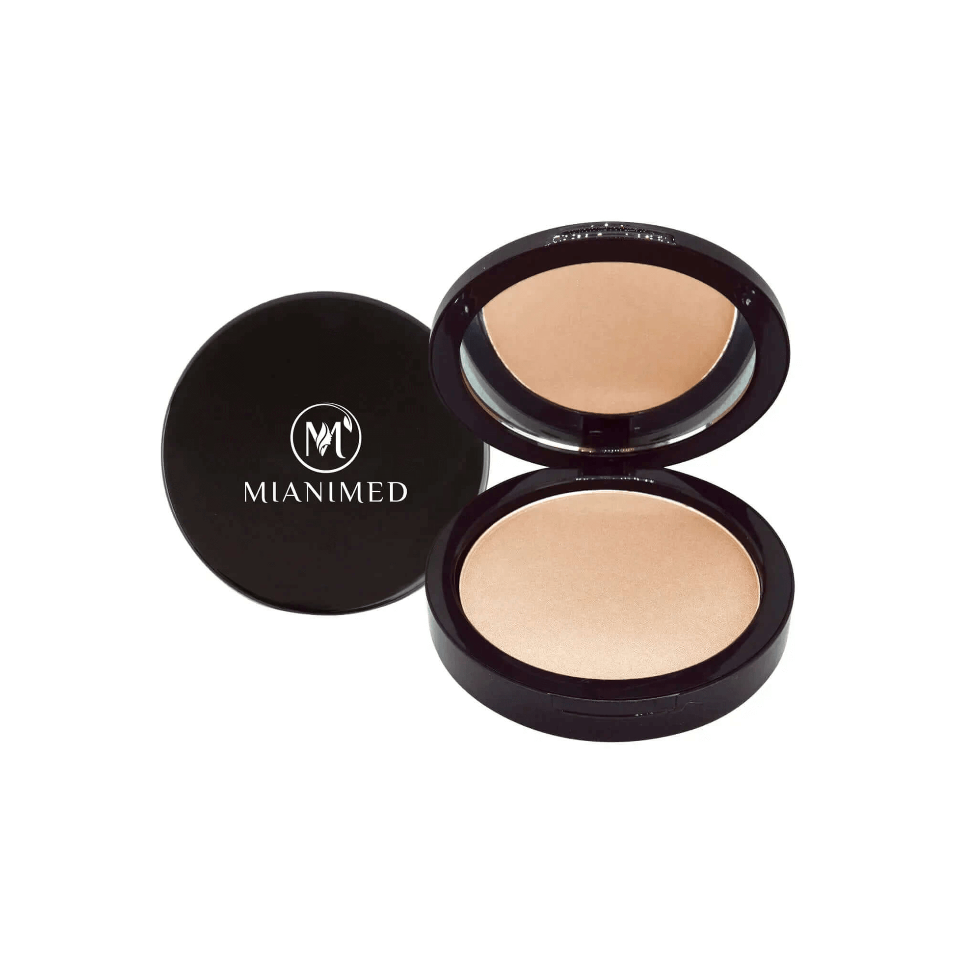 MIANIMED premium skincare compact powder in black case, shown open and closed