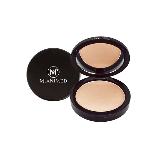 MIANIMED premium skincare compact powder in black case, shown open and closed