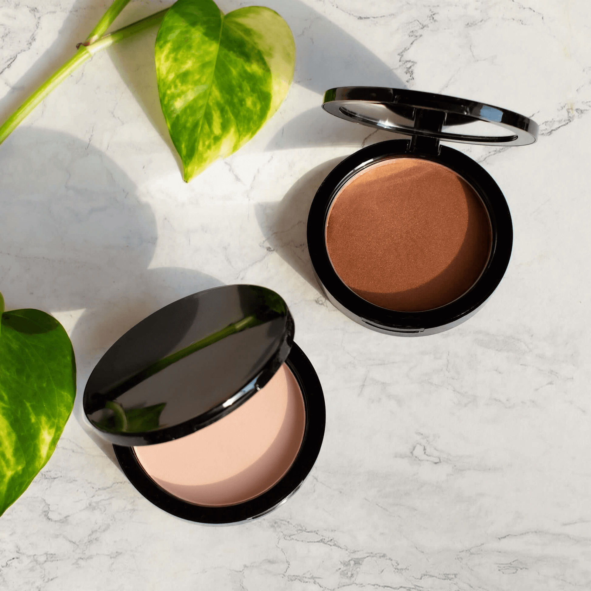 MIANIMED Premium Skincare Compact Powders on Marble Surface with Green Leaves