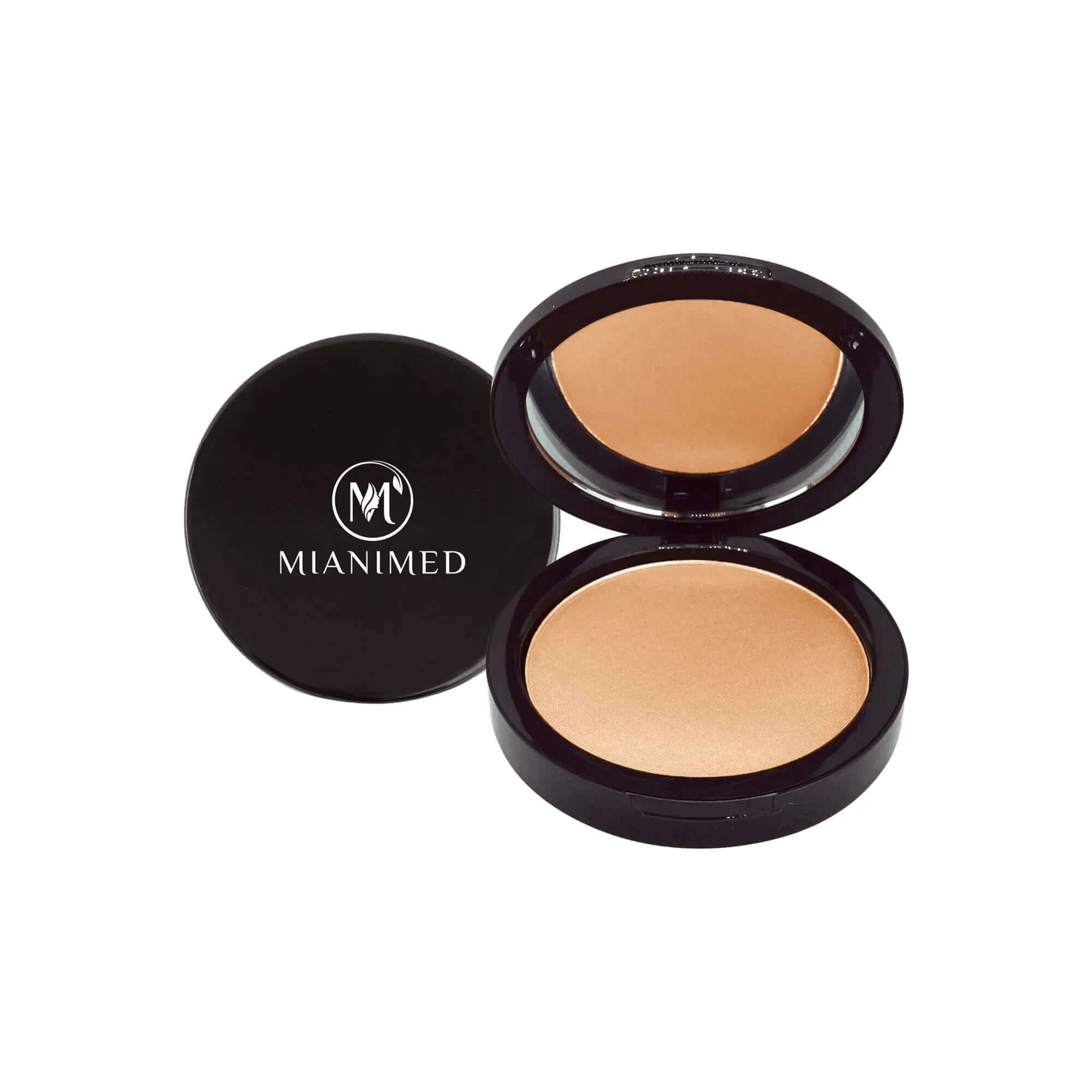 MIANIMED premium skincare compact powder in black case, open to show product.