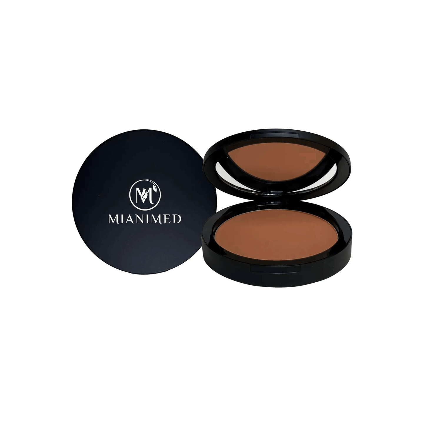 MIANIMED premium skincare product packaging with open and closed view of dark brown powder compact.