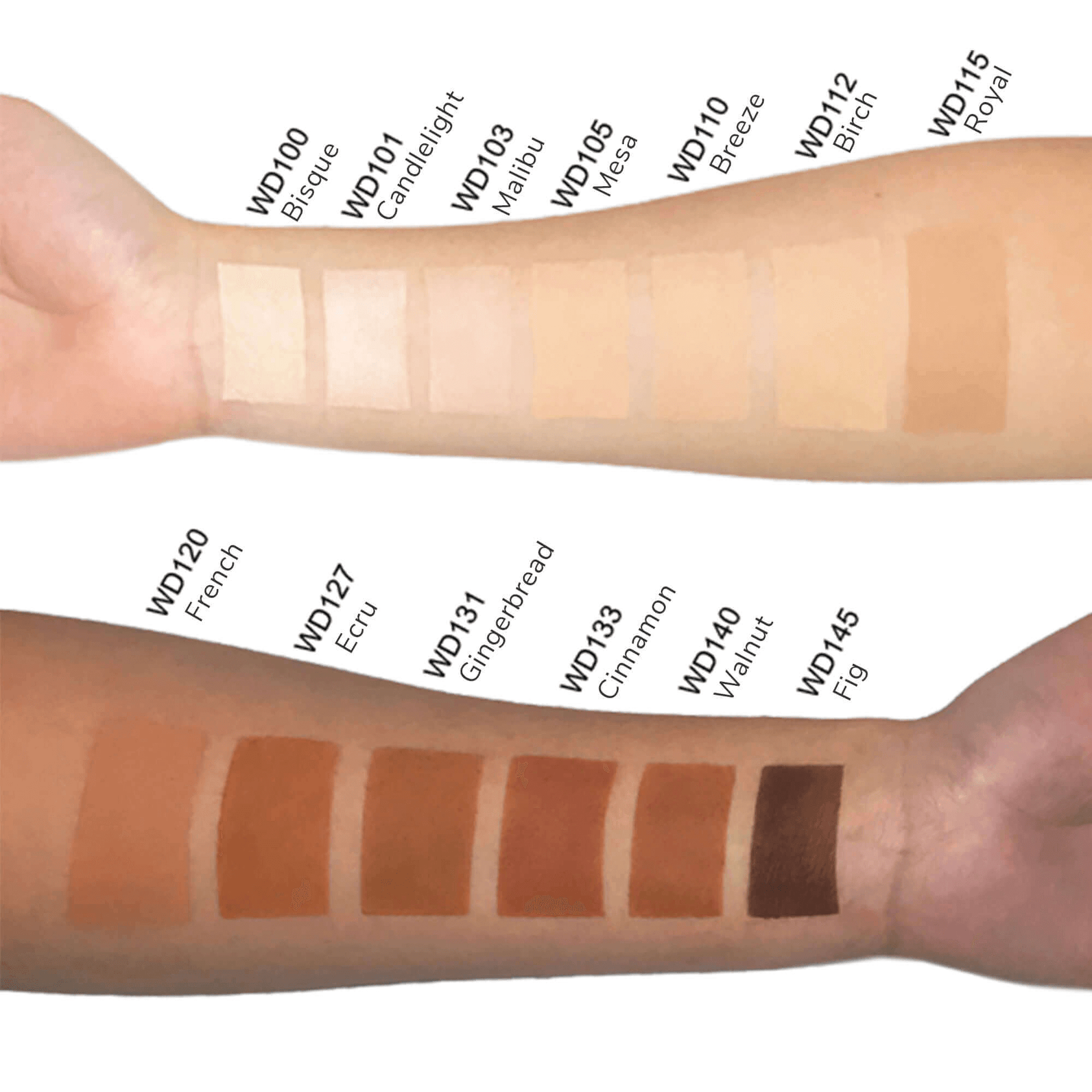 MIANIMED Premium skincare foundation swatch shades on two different skin tones, showcasing a range from light Bisque to dark Fig.