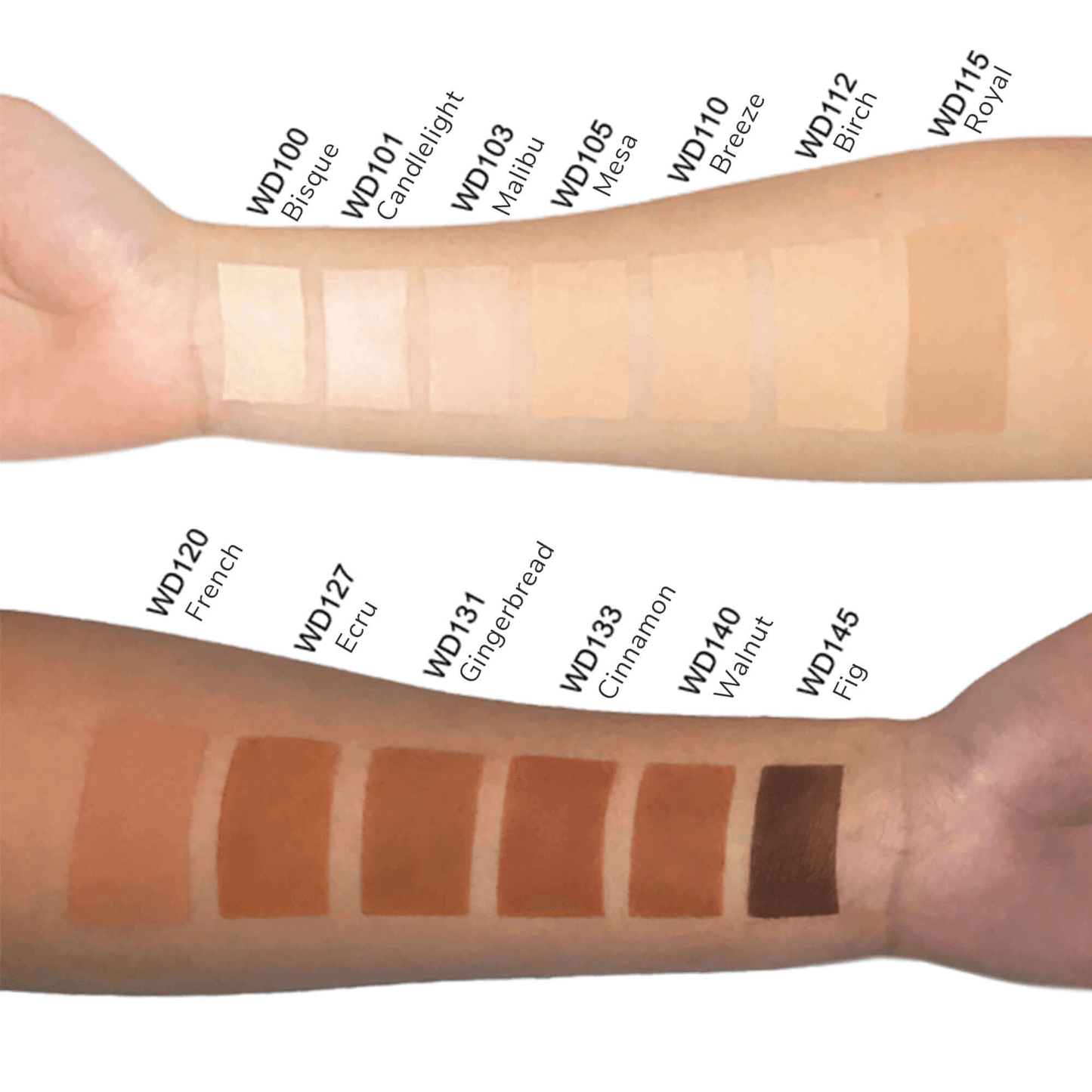 Skin swatch comparison of MIANIMED premium skincare products showcasing various shades from light Bique WD100 to dark Fig WD145.