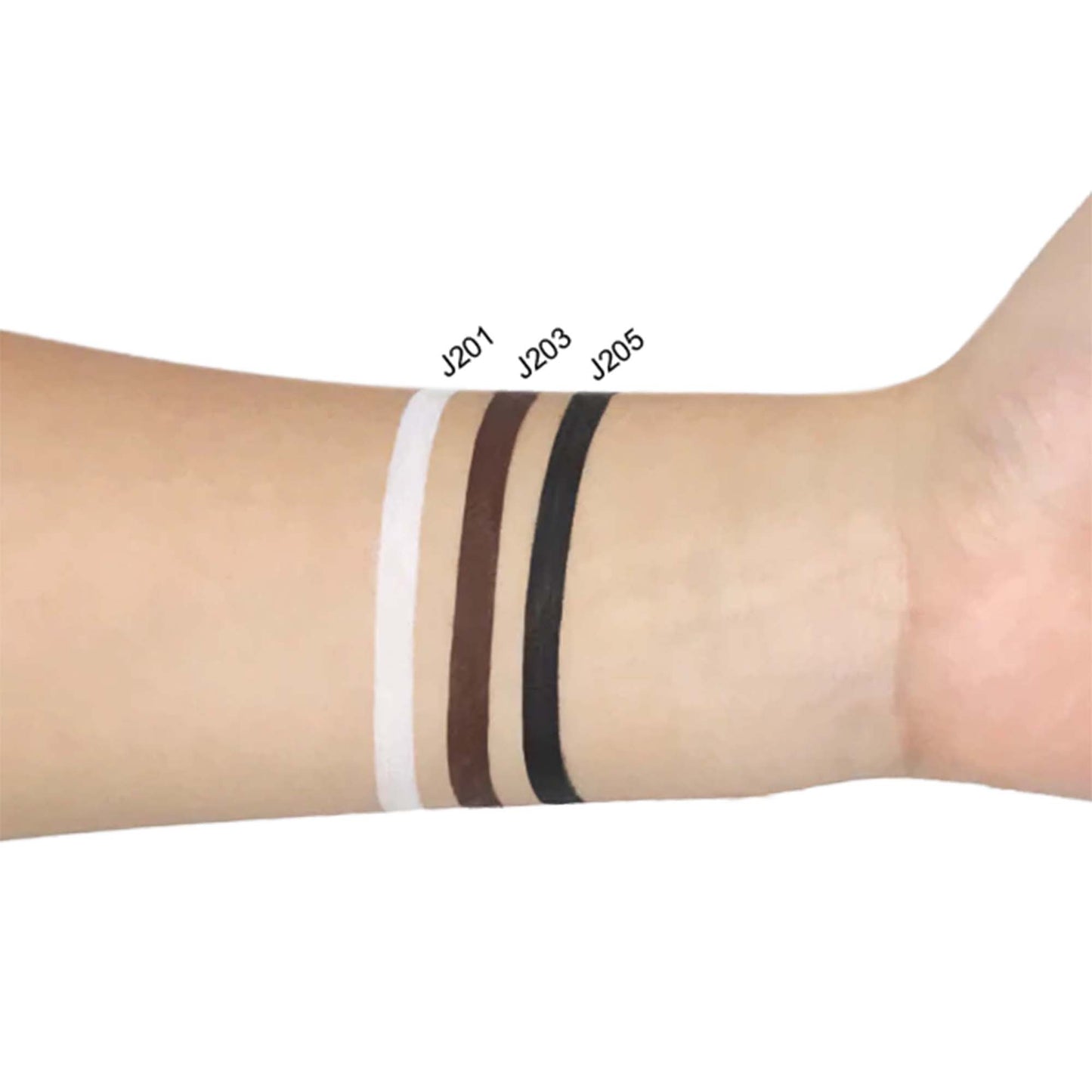 Swatches of MIANIMED premium skincare shades on an arm, displaying shades J201, J203, and J205.