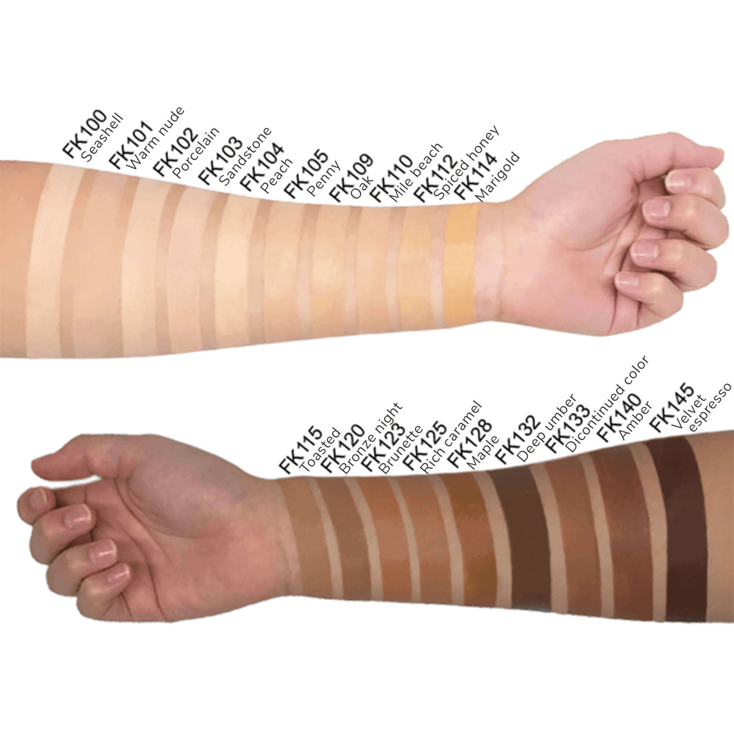 Arm swatches showcasing a range of foundation shades for various skin tones from MIANIMED Premium skincare line.