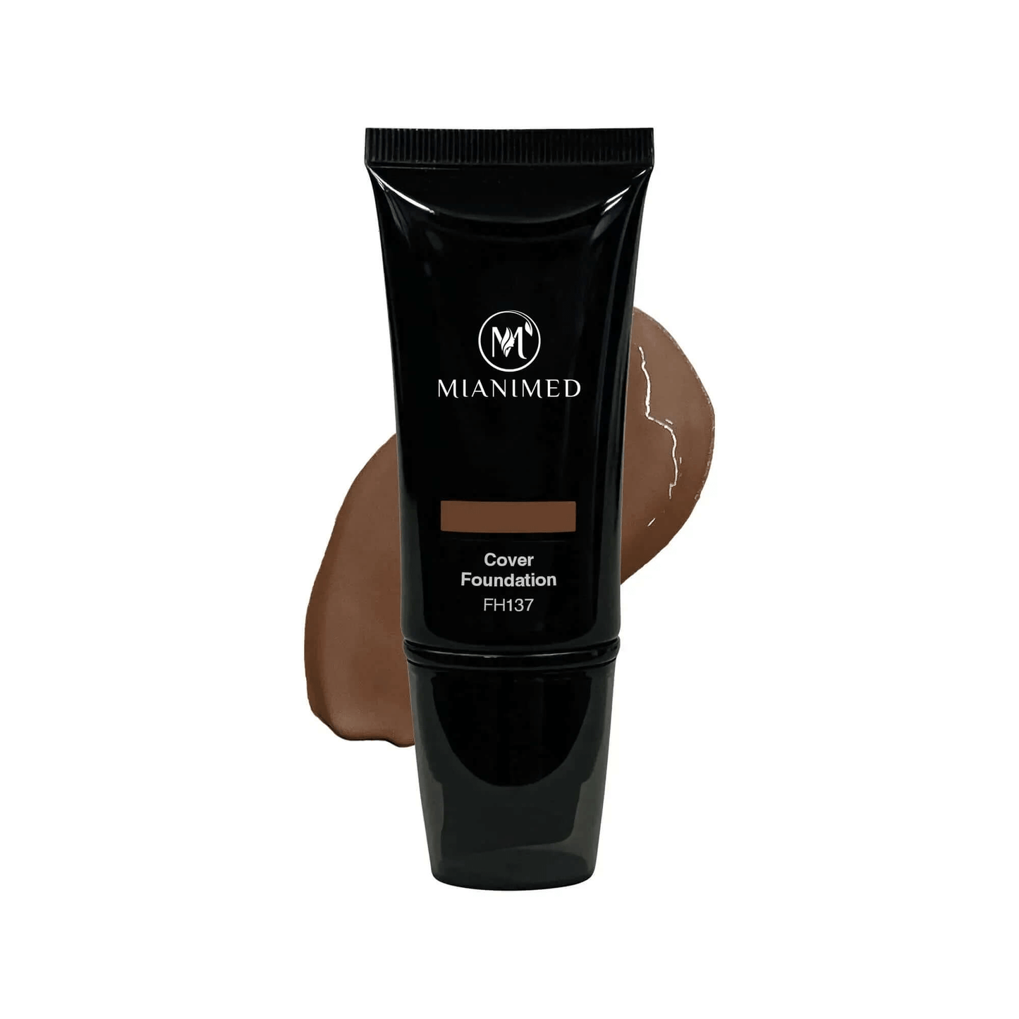 MIANIMED premium skincare cover foundation FH137 tube with dark beige swatch behind