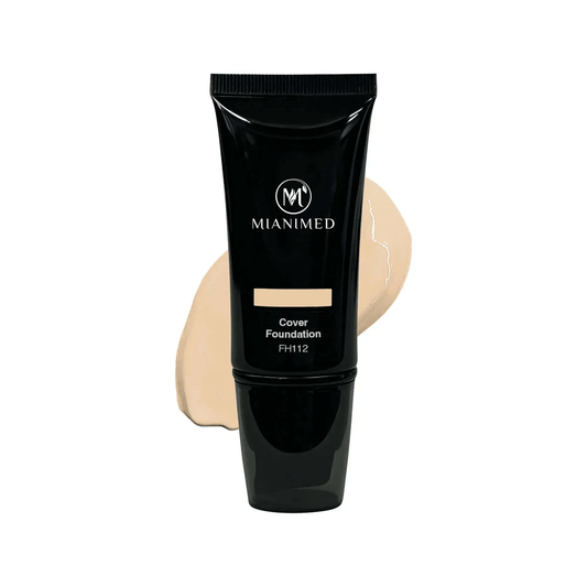 MIANIMED Premium Skincare Cover Foundation FH112 in black tube with beige product smear in background