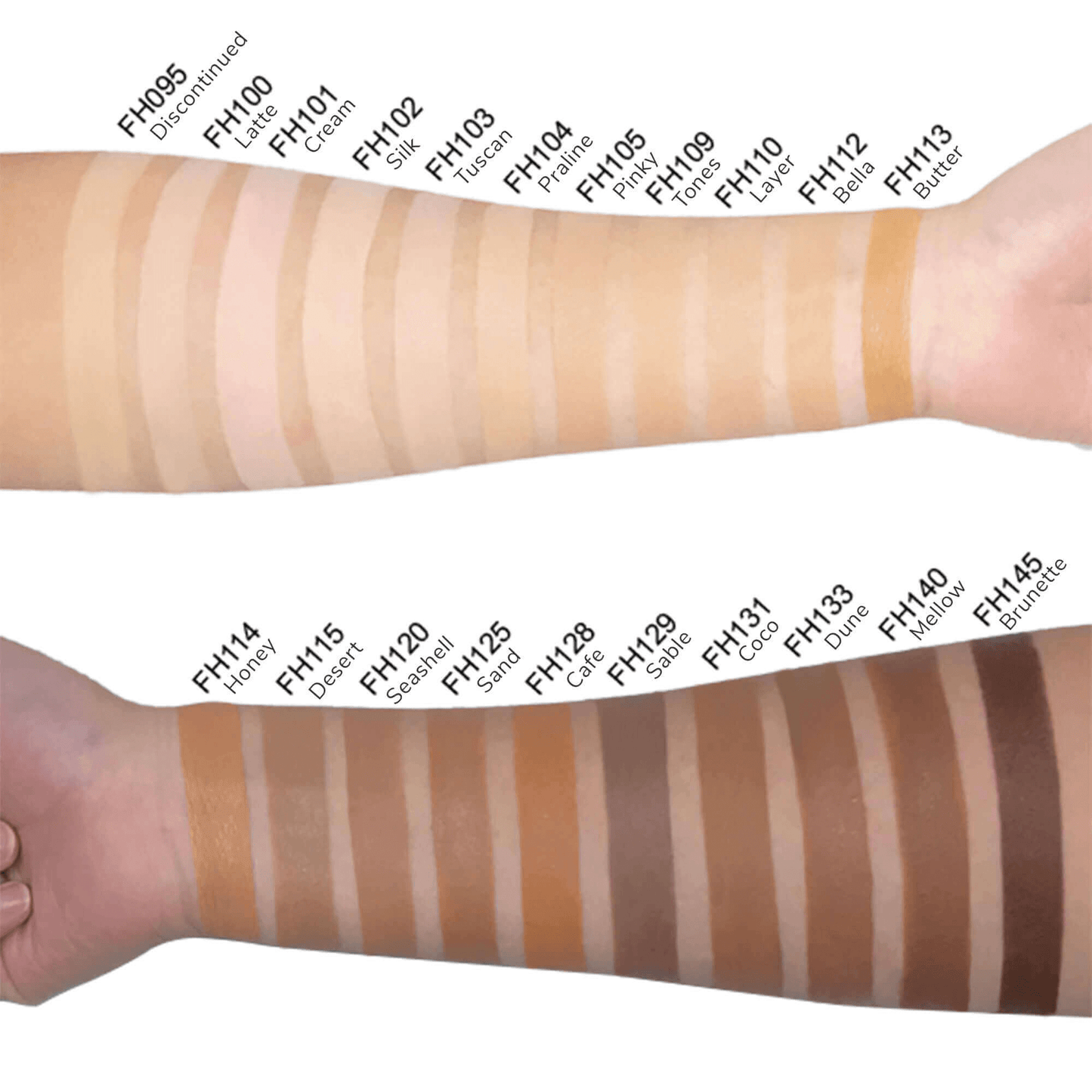 Various shades of foundation swatched on arms showing a range of skin tones, from light to dark, labeled with product codes.