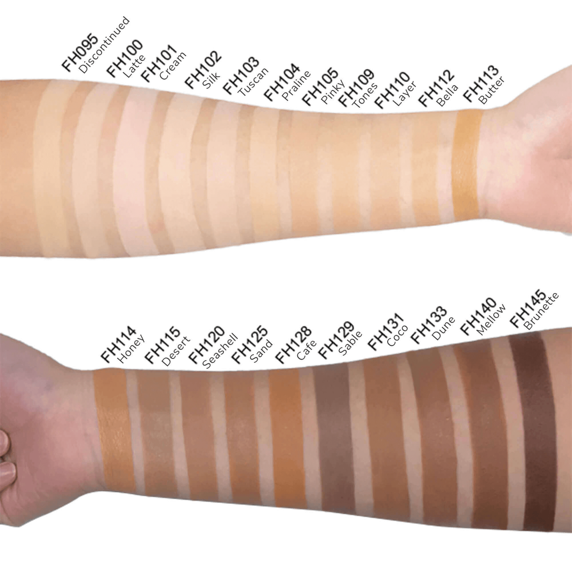 Diverse skin tone swatches showcasing various foundation shades from light to dark on forearms.