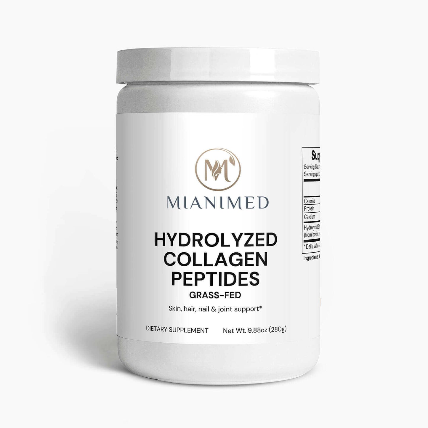 MIANIMED Premium Hydrolyzed Collagen Peptides grass-fed dietary supplement for skin, hair, nail, and joint support, 9.88oz (280g).