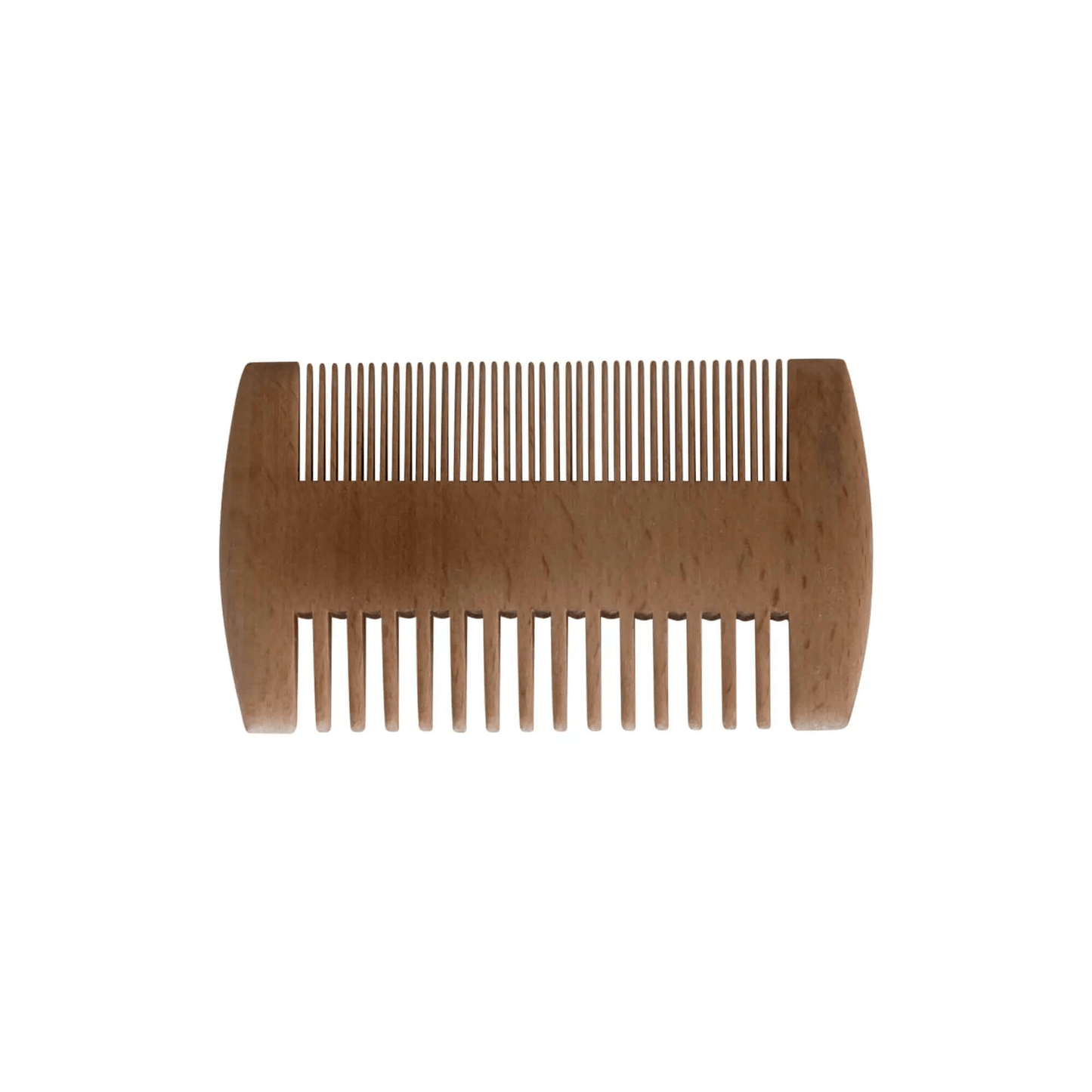 Wooden dual-sided fine and wide-tooth comb for beard and hair care.