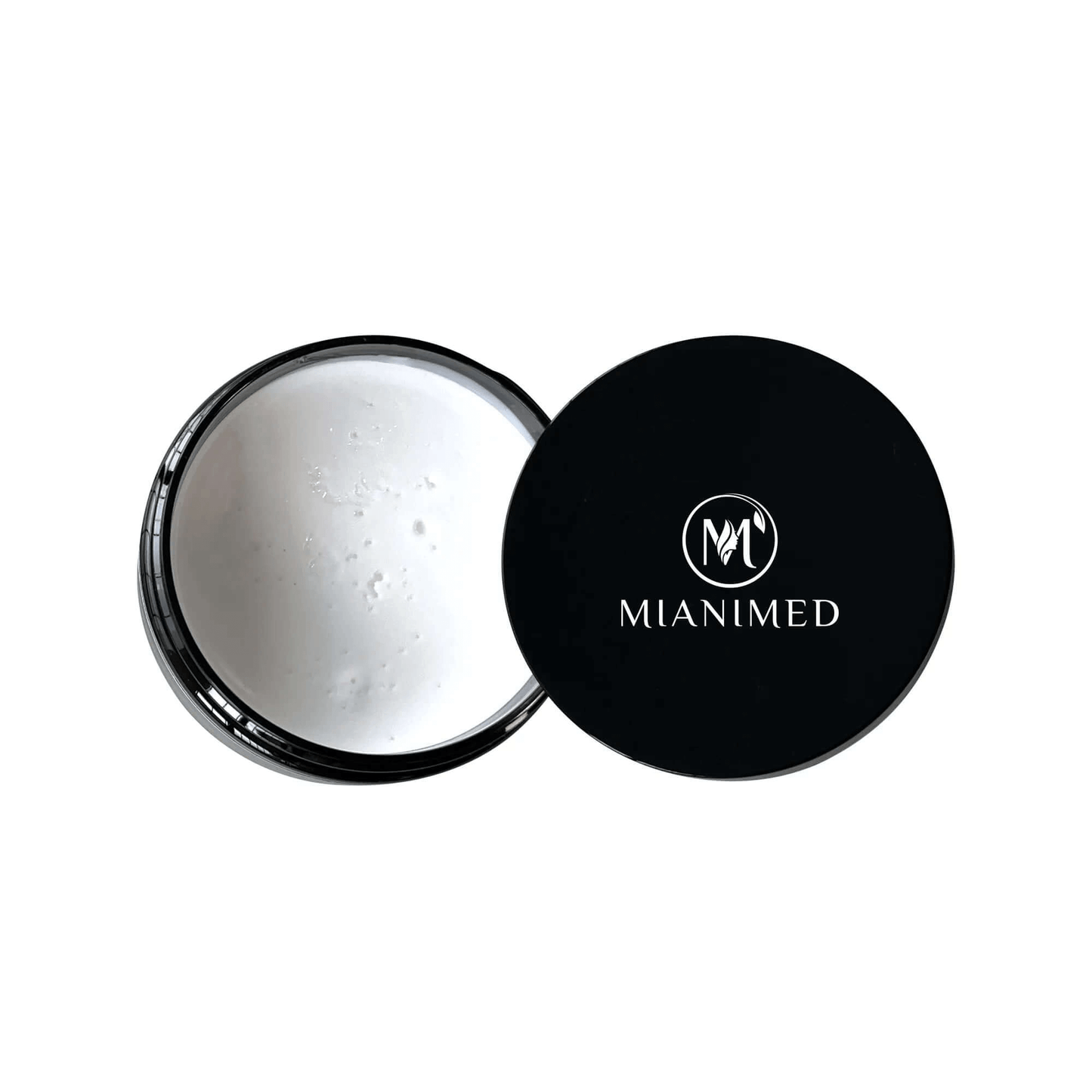 MIANIMED premium skincare product in a black container with an open lid showing white cream inside.