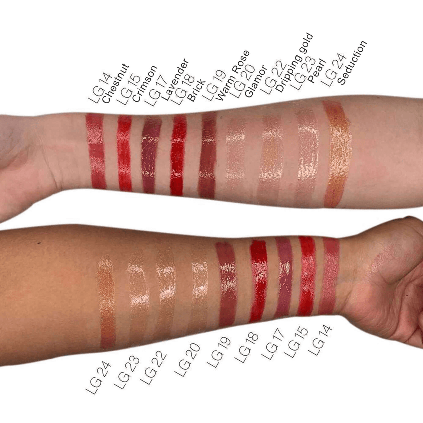 Swatches of various MIANIMED premium skincare lip gloss shades on two arms.