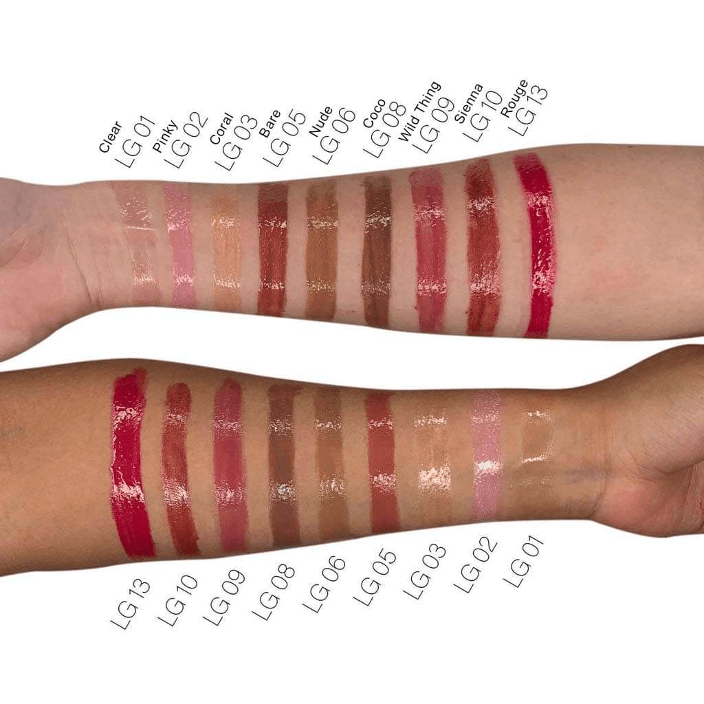 Different shades of MIANIMED premium skincare lip gloss swatched on arms, displaying a range of colors from clear to deep rouge.