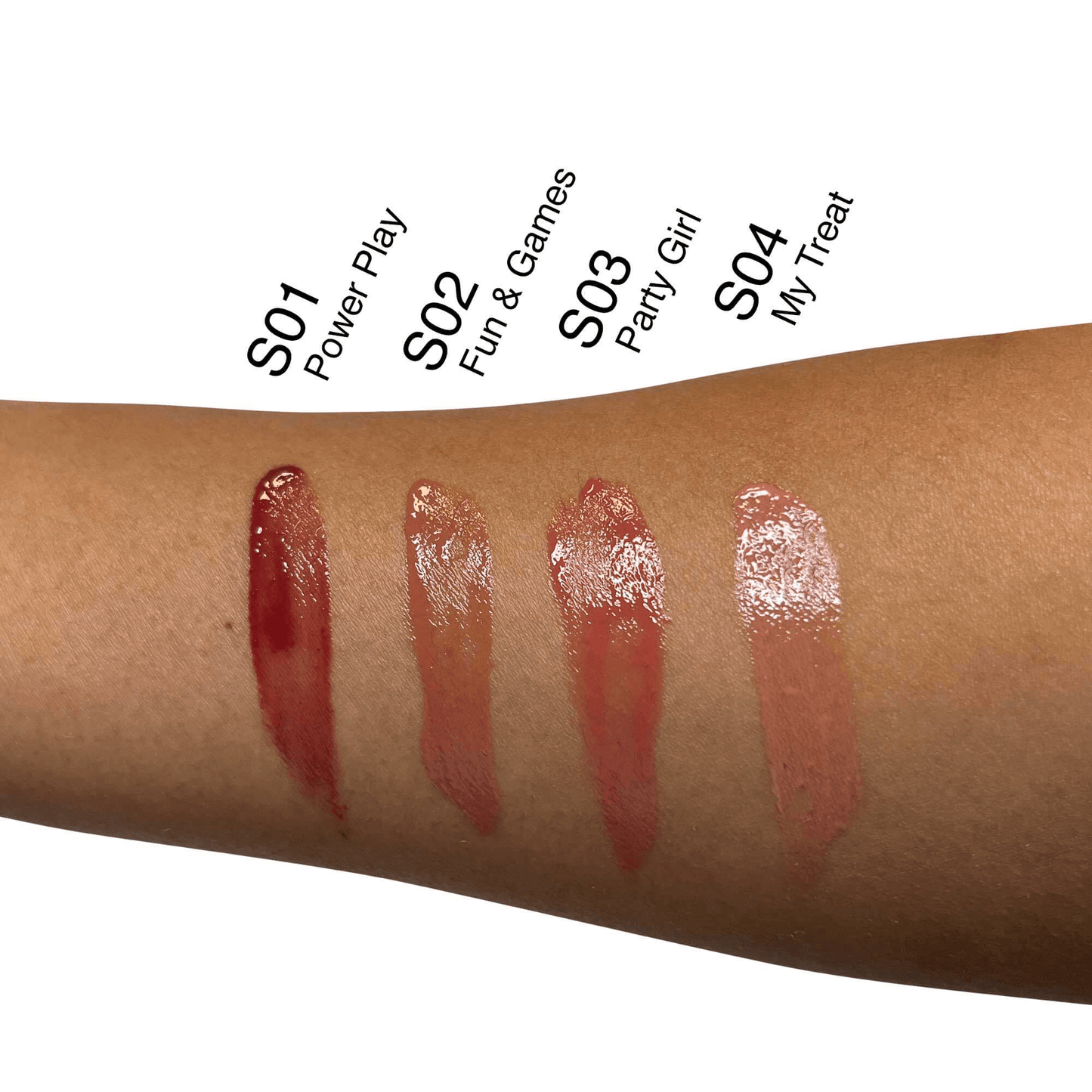 MIANIMED premium skincare lipstick swatches on arm showing shades S01 Power Play, S02 Fun & Games, S03 Party Girl, and S04 My Treat