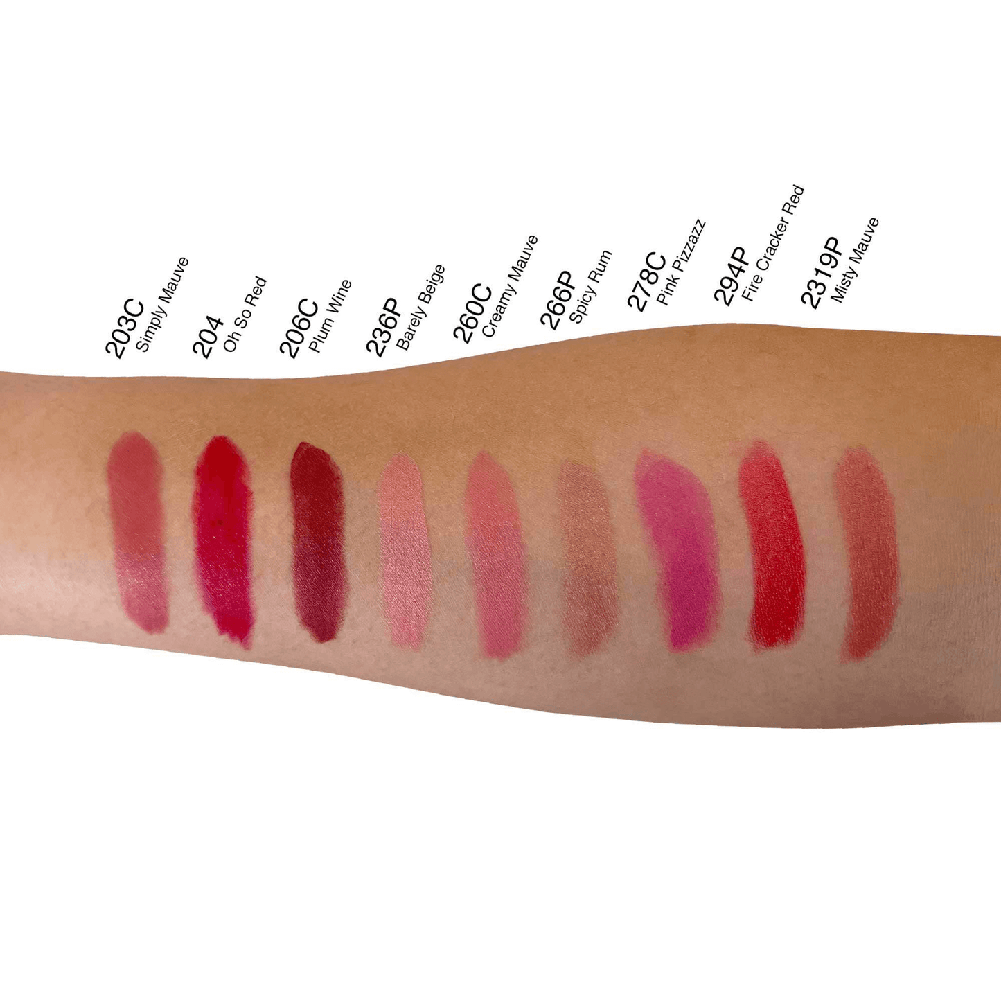 Arm showing swatches of various lipstick shades including 290C Stay All Mauve, 204 On A Cloud, 206C Purr Wine, and more.