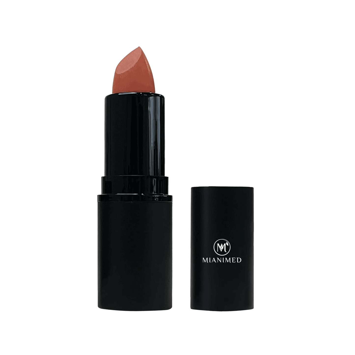 MIANIMED premium skincare lipstick in black casing with the cap removed, showing the lipstick shade.