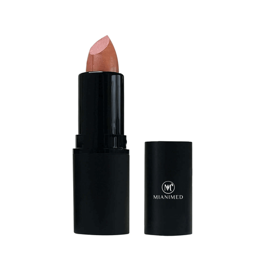 MIANIMED premium skincare product - open black lipstick tube with beige lipstick shade.