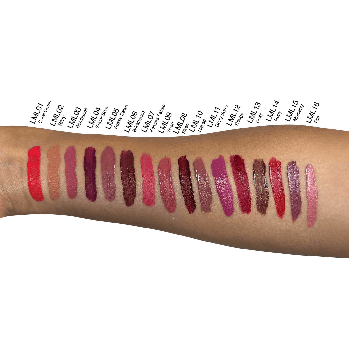 Arm showcasing various swatches of MIANIMED premium skincare lip colors in different shades and labels