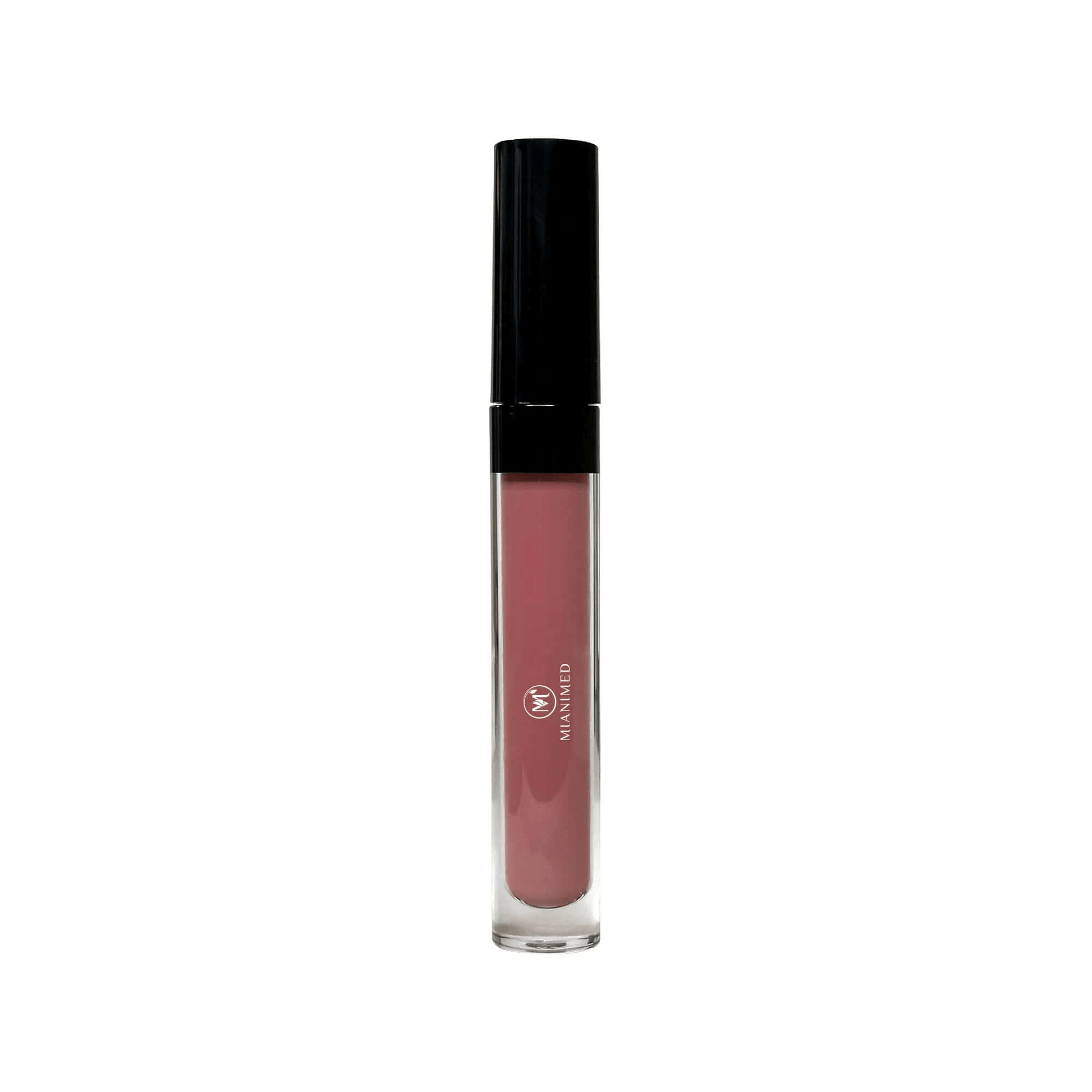 MIANIMED premium skincare lip balm tube in a sleek black and clear container with pink lip balm inside.