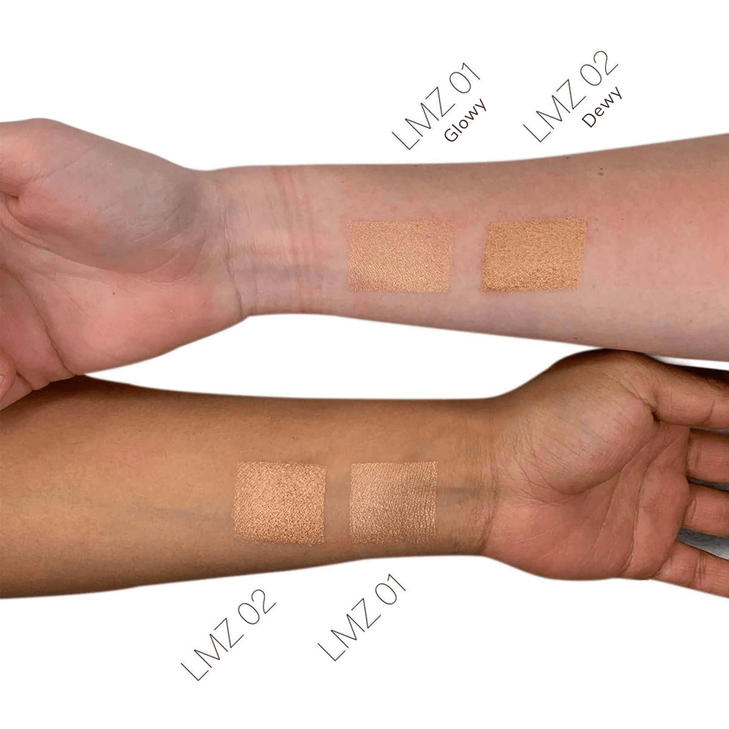 Premium MIANIMED skincare swatches on different skin tones featuring LMZ 01 Glowy and LMZ 02 Dewy shades.