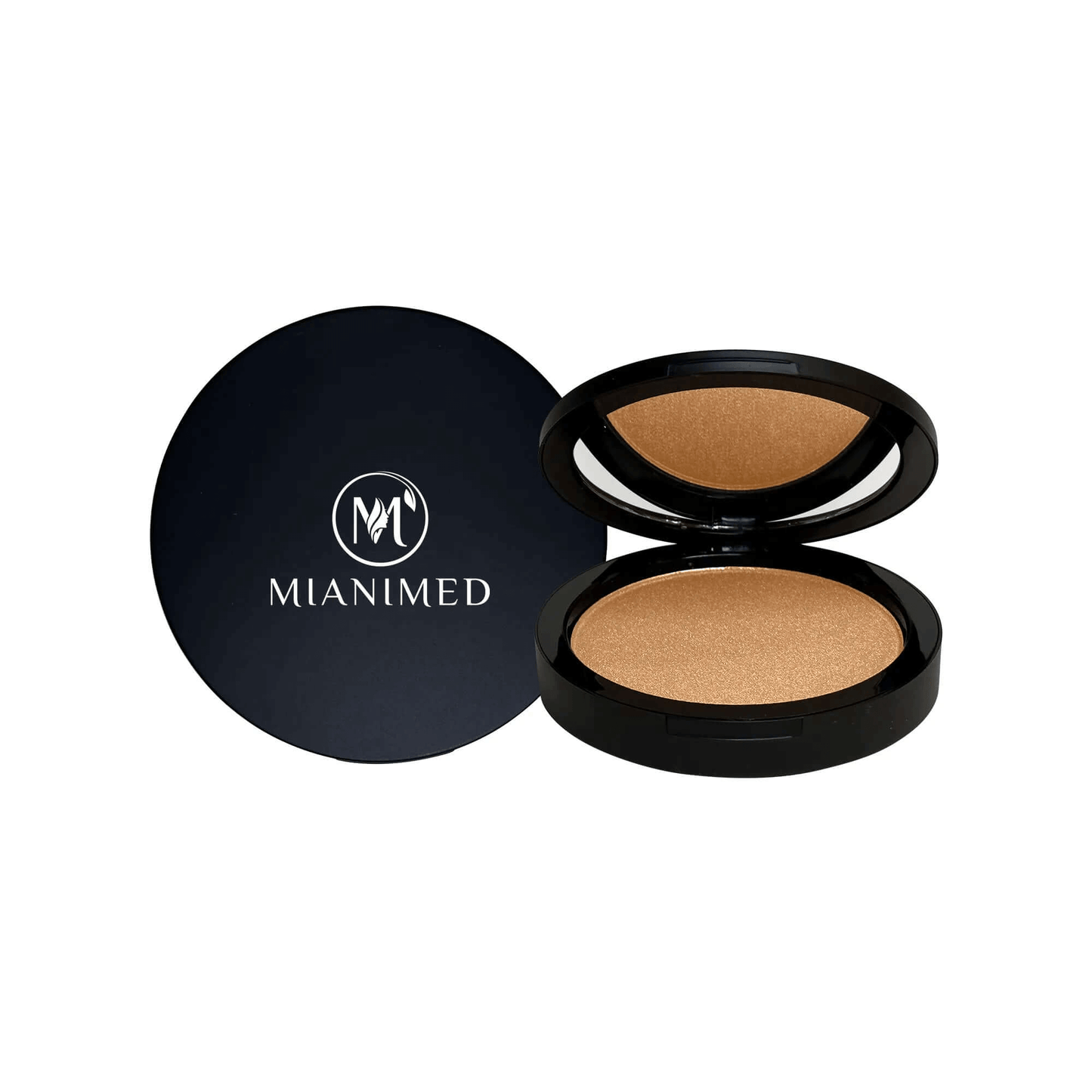 MIANIMED premium skincare compact with open and closed view, showcasing a sleek black design and luxurious foundation.