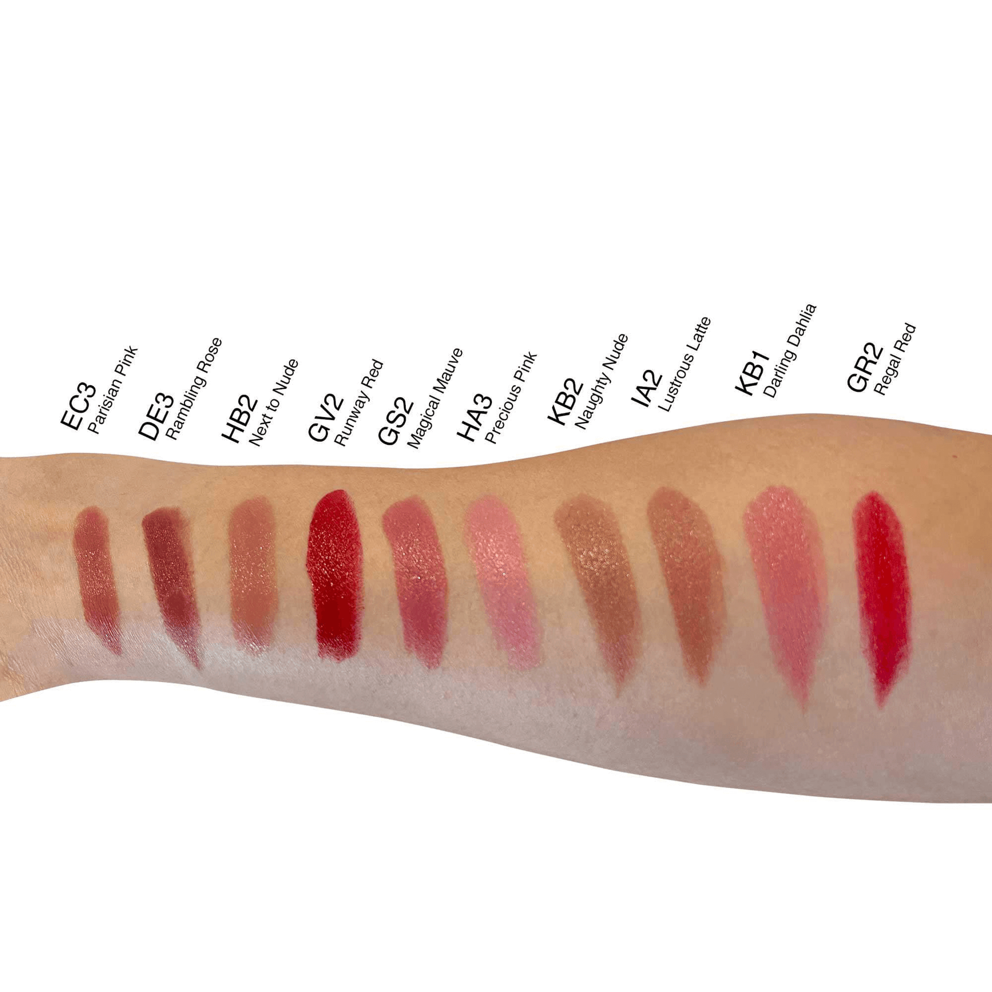 Arm swatches of MIANIMED premium skincare lip color shades in various hues including pinks, reds, and nudes, demonstrating skin compatibility.