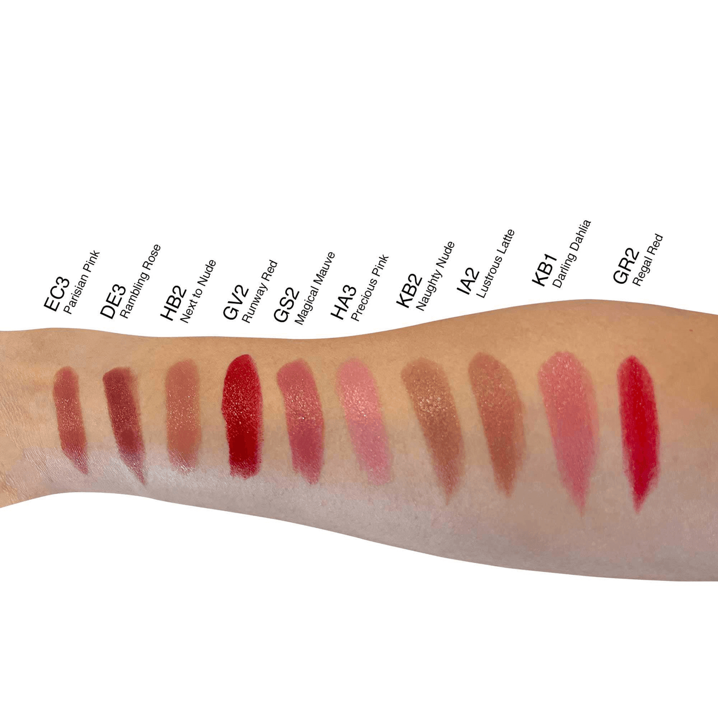 10 lip color swatches on arm, showcasing EC3, DE3, HB2, GV2, GS2, HA3, KB2, IA2, KB1, and GR2 shades from MIANIMED premium skincare.