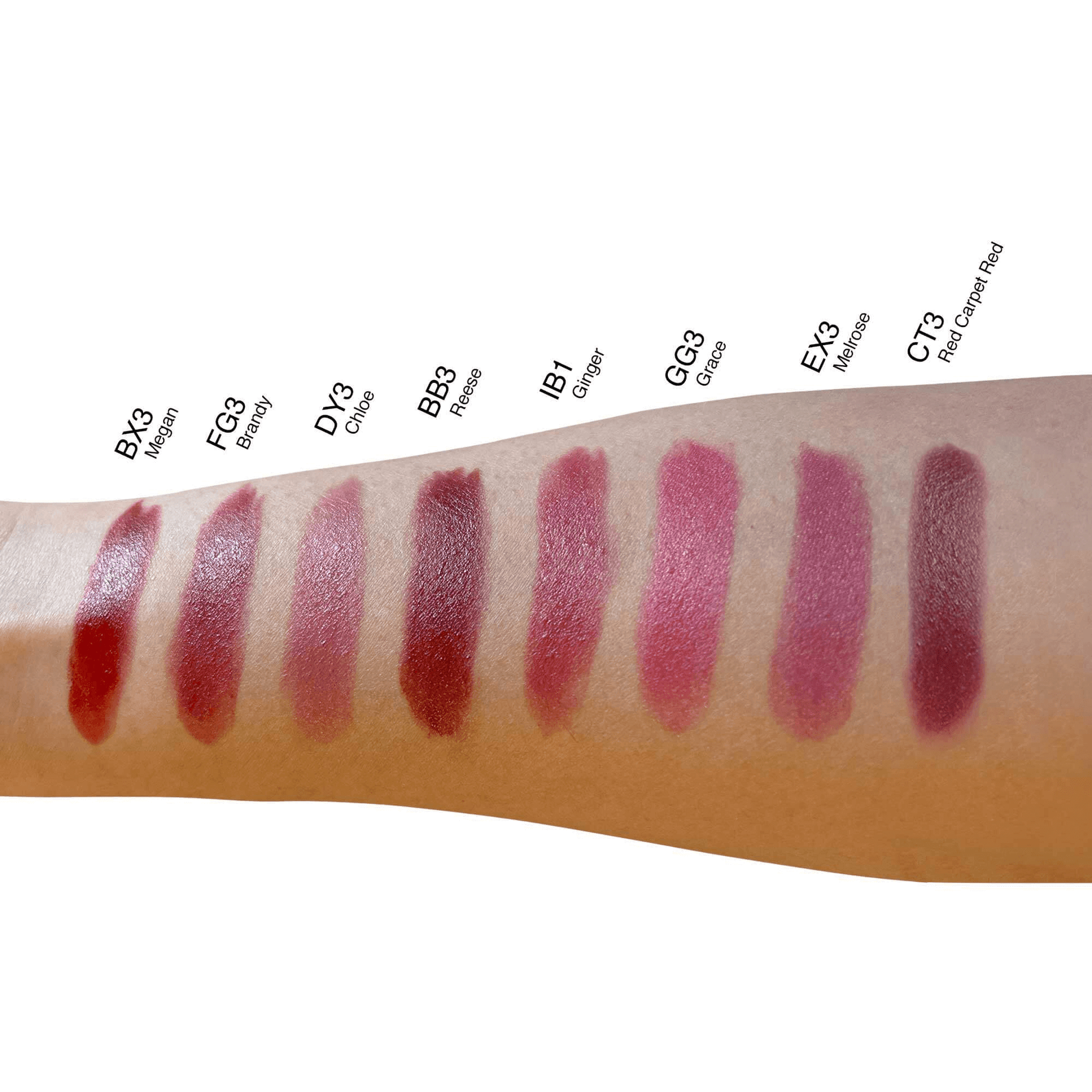 Swatches of MIANIMED premium skincare lip colors applied on an arm, showcasing various shades from vibrant red to soft pink.