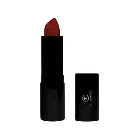 MIANIMED premium skincare lipstick with red shade and black packaging.