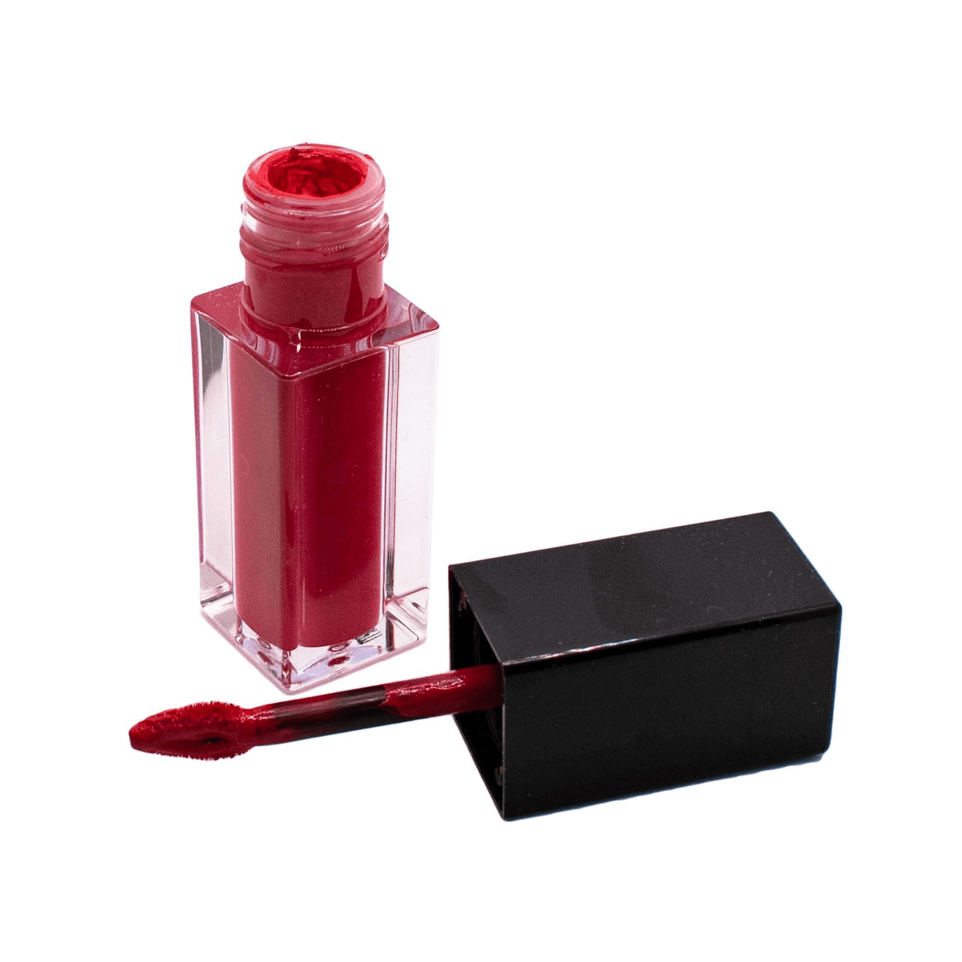 MIANIMED Premium Skincare bright red liquid lipstick with applicator in a sleek black cap and transparent bottle, emphasizing luxury beauty.