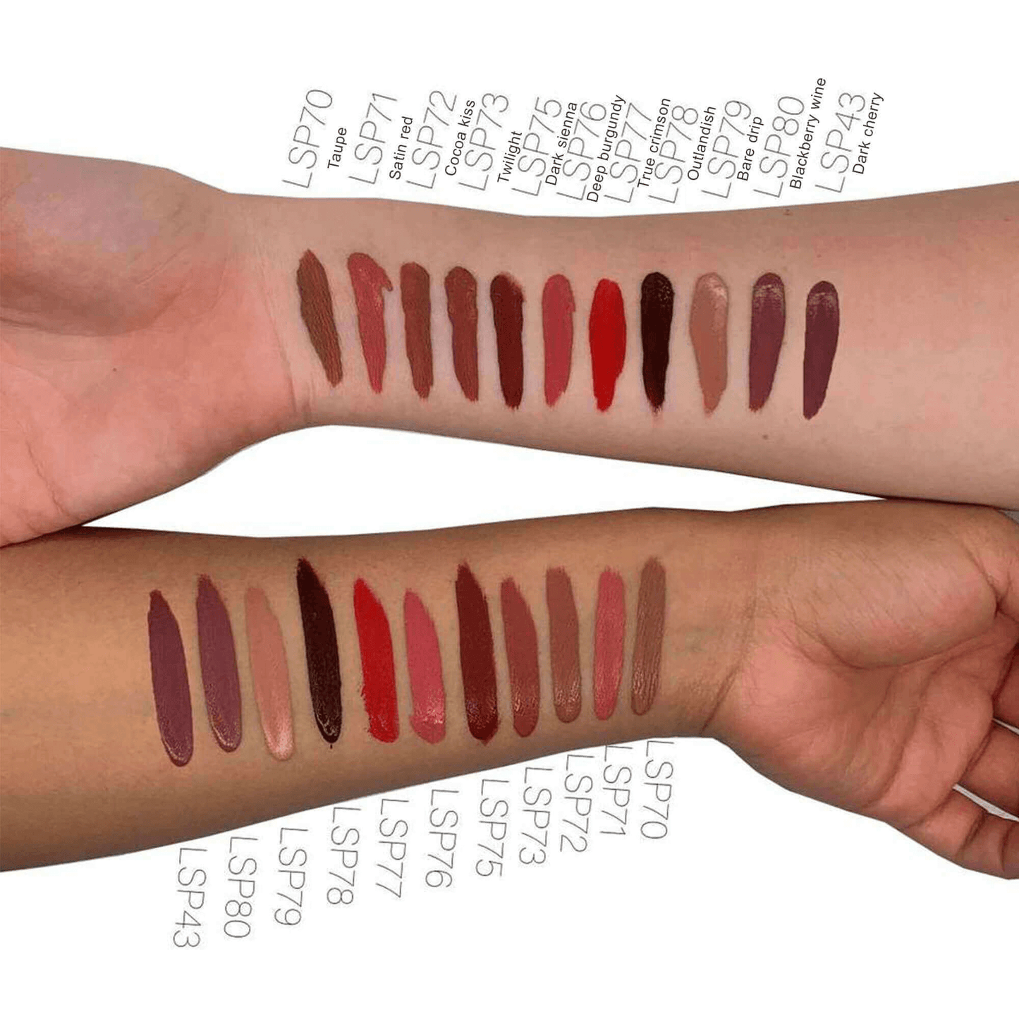 Swatches of MIANIMED premium skincare lip colors on two arms showcasing a variety of shades.