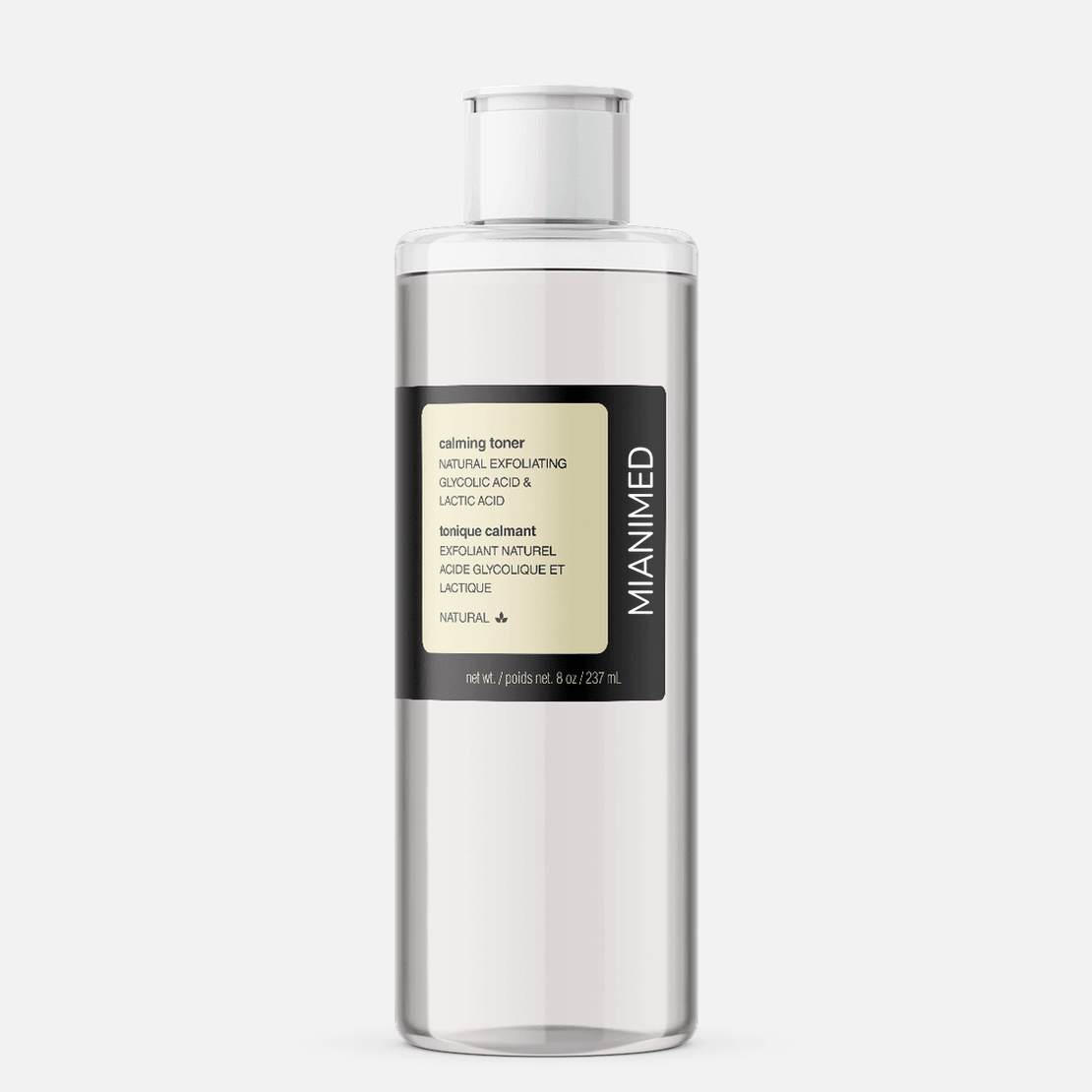 MIANIMED premium skincare calming toner with glycolic and lactic acid in a clear bottle, 237ml