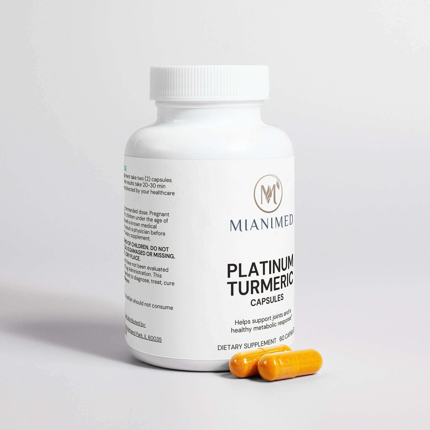 MIANIMED Premium skincare Platinum Turmeric capsules for joint and healthy metabolism support.