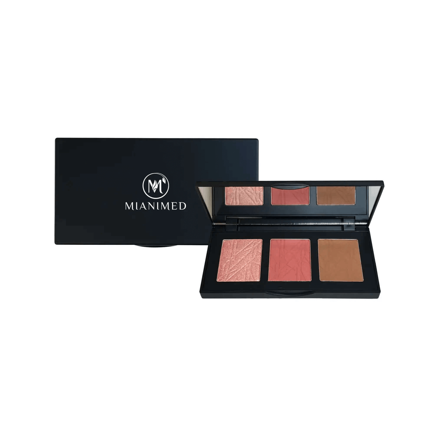 MIANIMED premium skincare makeup palette with three shades in sleek black case.