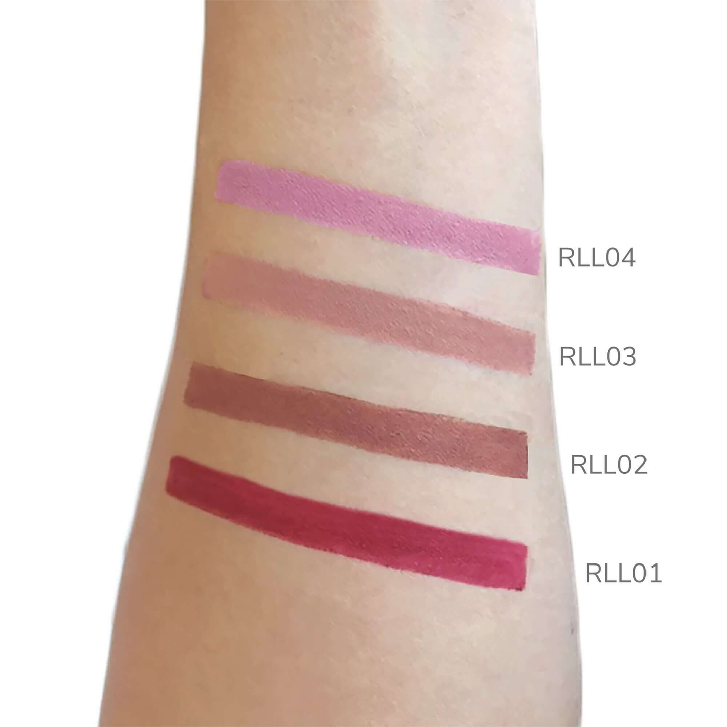 Swatches of four different lipstick shades named RLL01, RLL02, RLL03, and RLL04 shown on an arm.