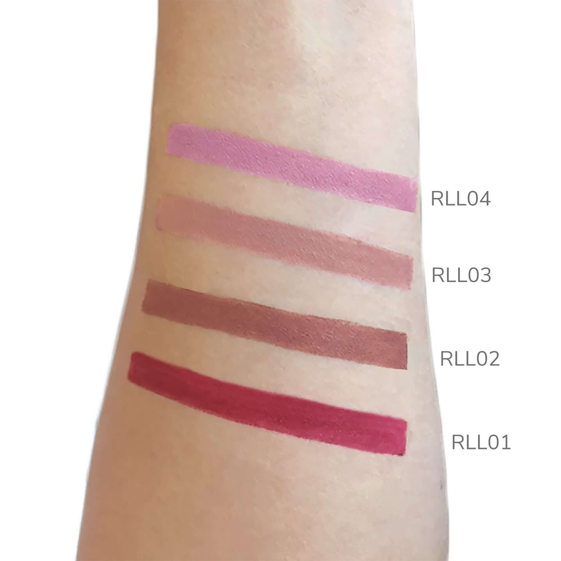 Swatches of four different lipstick shades, labeled RLL04, RLL03, RLL02, and RLL01, on an arm.