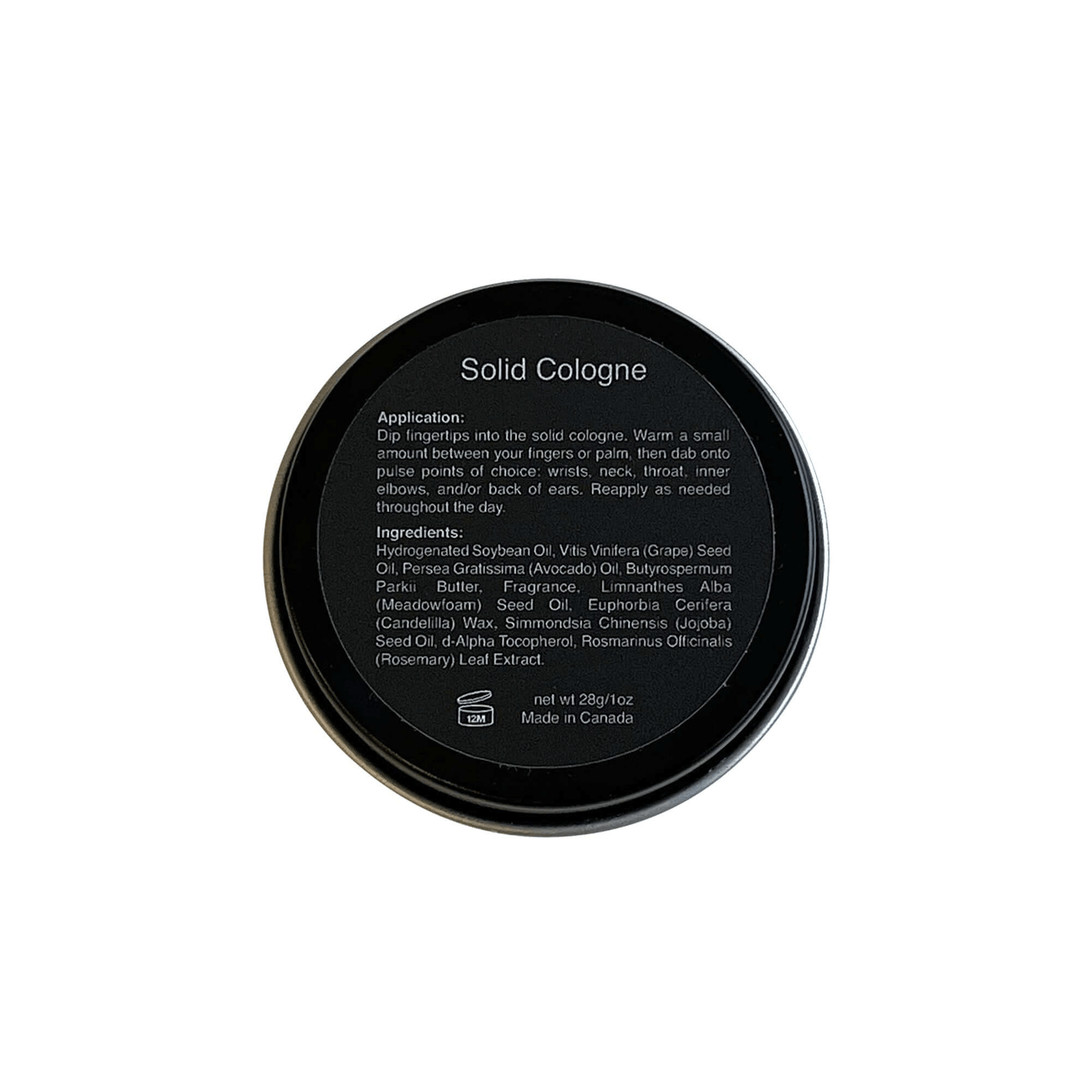 Premium MIANIMED solid cologne tin with application instructions and ingredients listed on the label. Made in Canada.