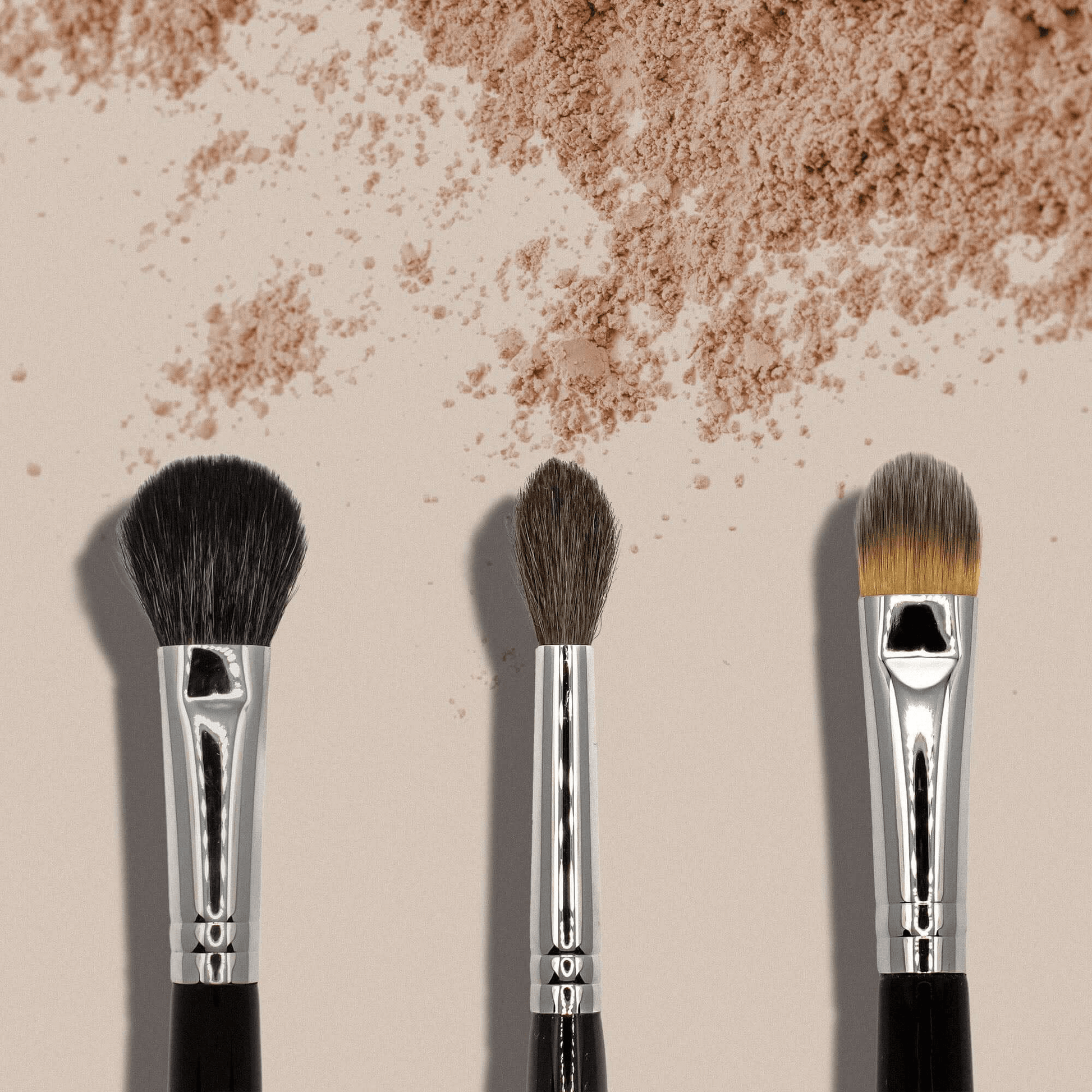 Three makeup brushes with powder on beige background, highlighting MIANIMED premium skincare benefits.