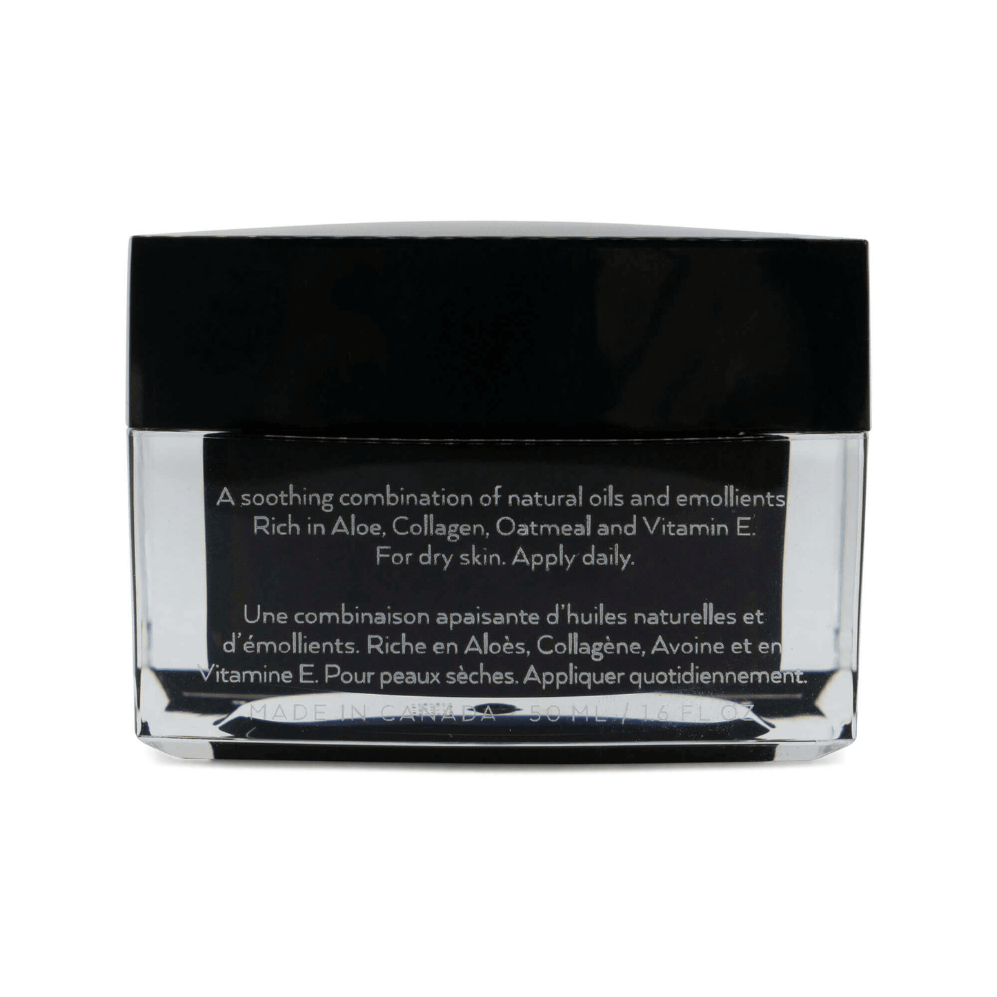 MIANIMED premium skincare jar with aloe, collagen, oatmeal, and vitamin E for dry skin, designed for daily application, featuring a black lid.