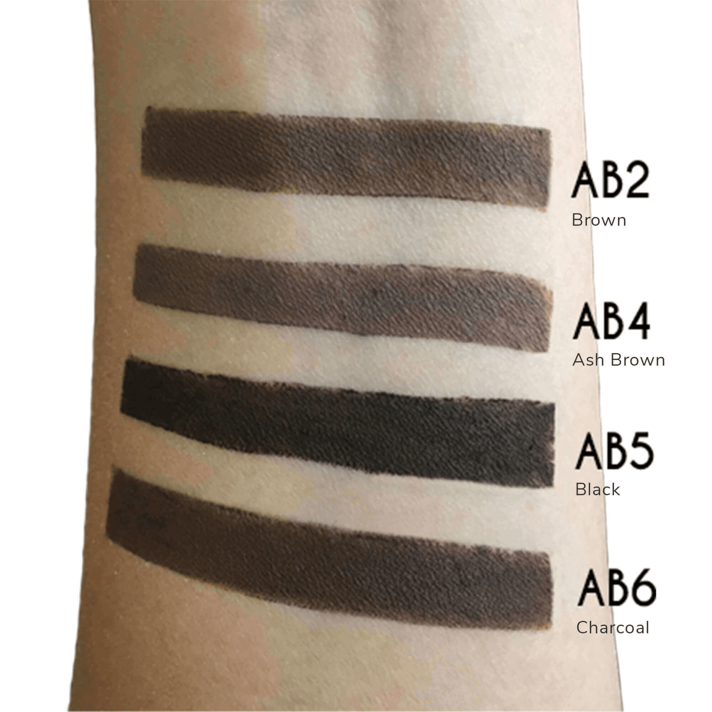 Swatches of MIANIMED premium skincare shades in Brown (AB2), Ash Brown (AB4), Black (AB5), and Charcoal (AB6) displayed on skin