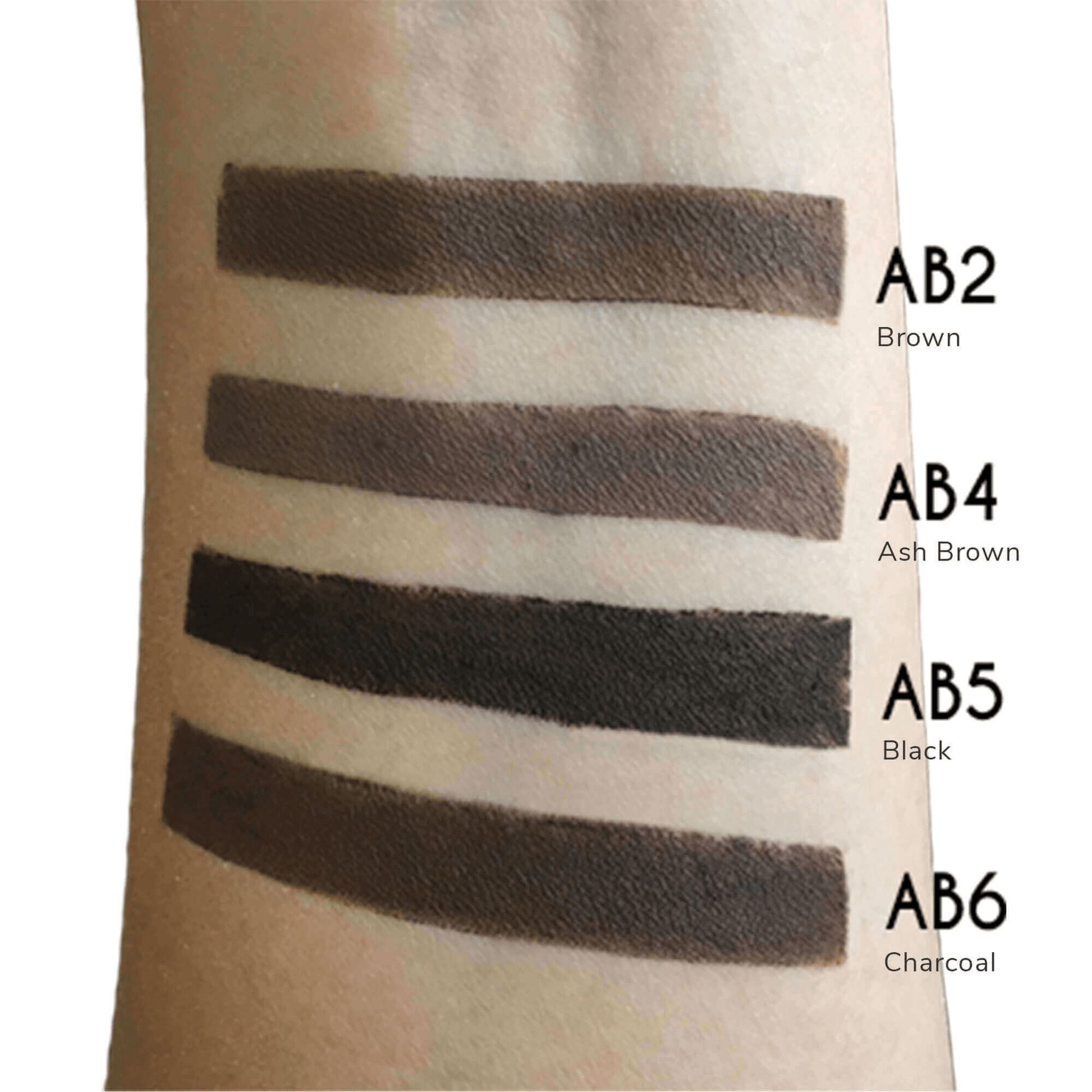 Swatches of MIANIMED premium skincare eyebrow color shades in Brown, Ash Brown, Black, and Charcoal.